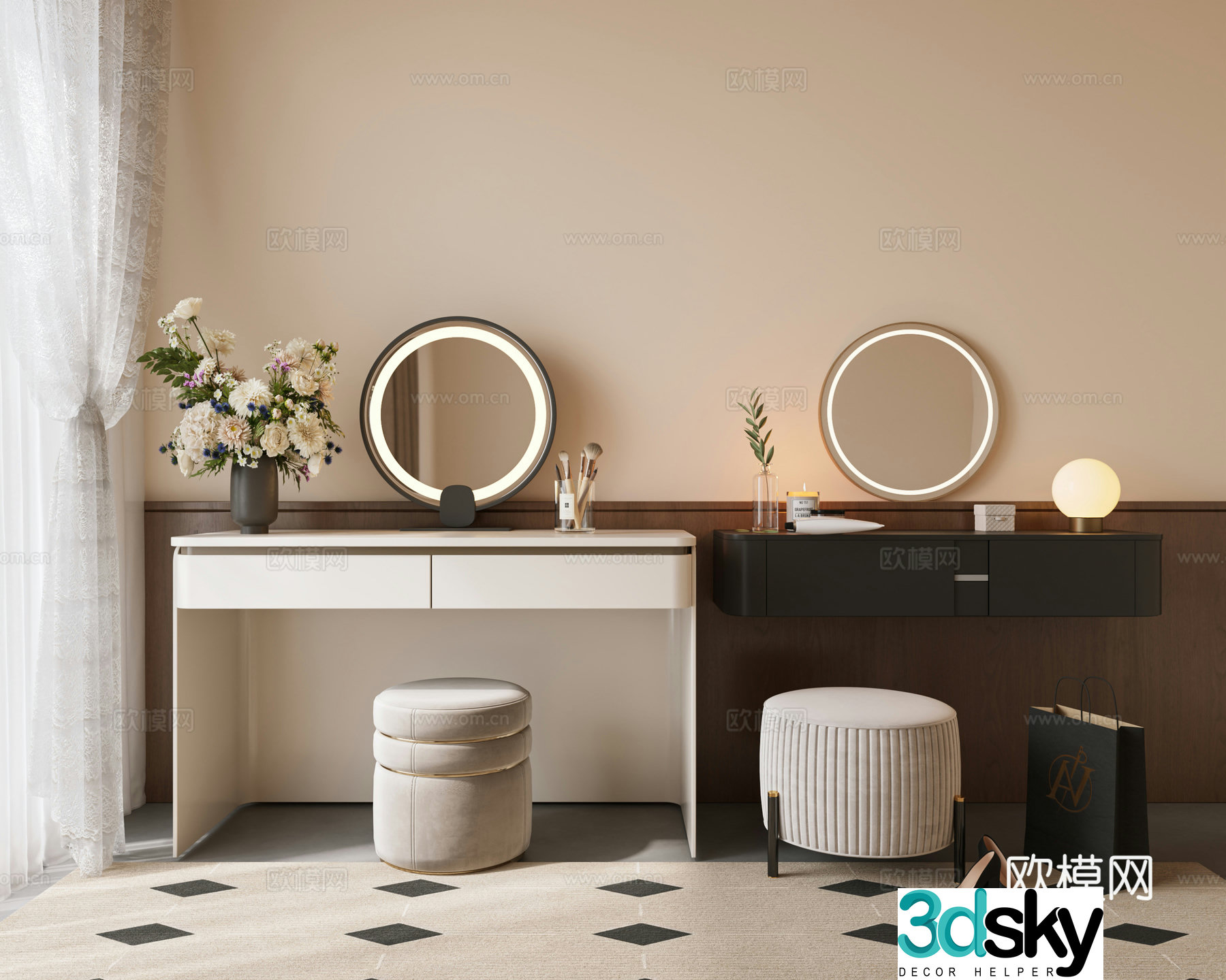 Modern dressing table makeup stool combination vase flower art dressing table bag shopping bag yarn 3d model