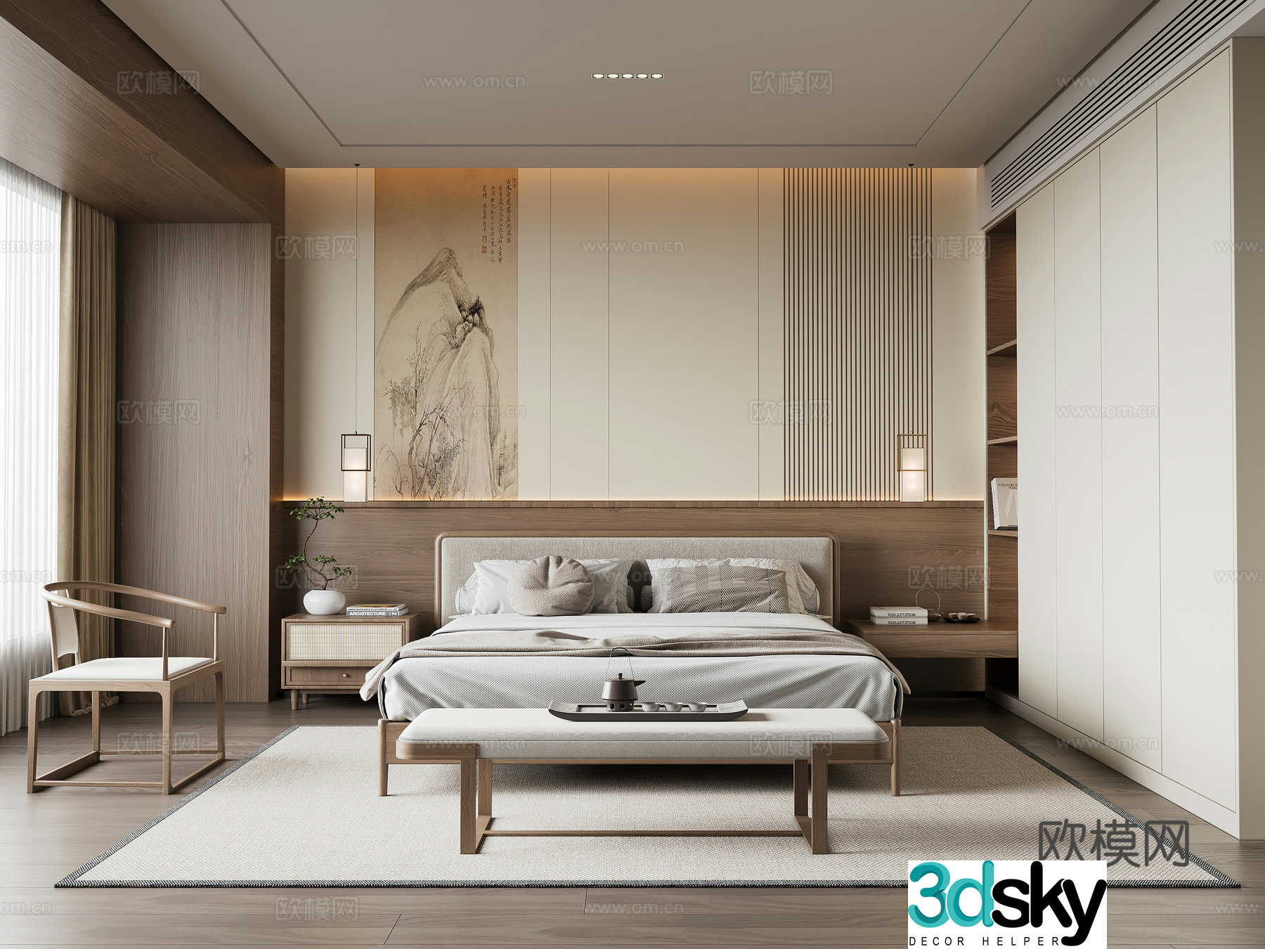 New Chinese Song style bedroom double bed wardrobe bed chandeliers 3d model
