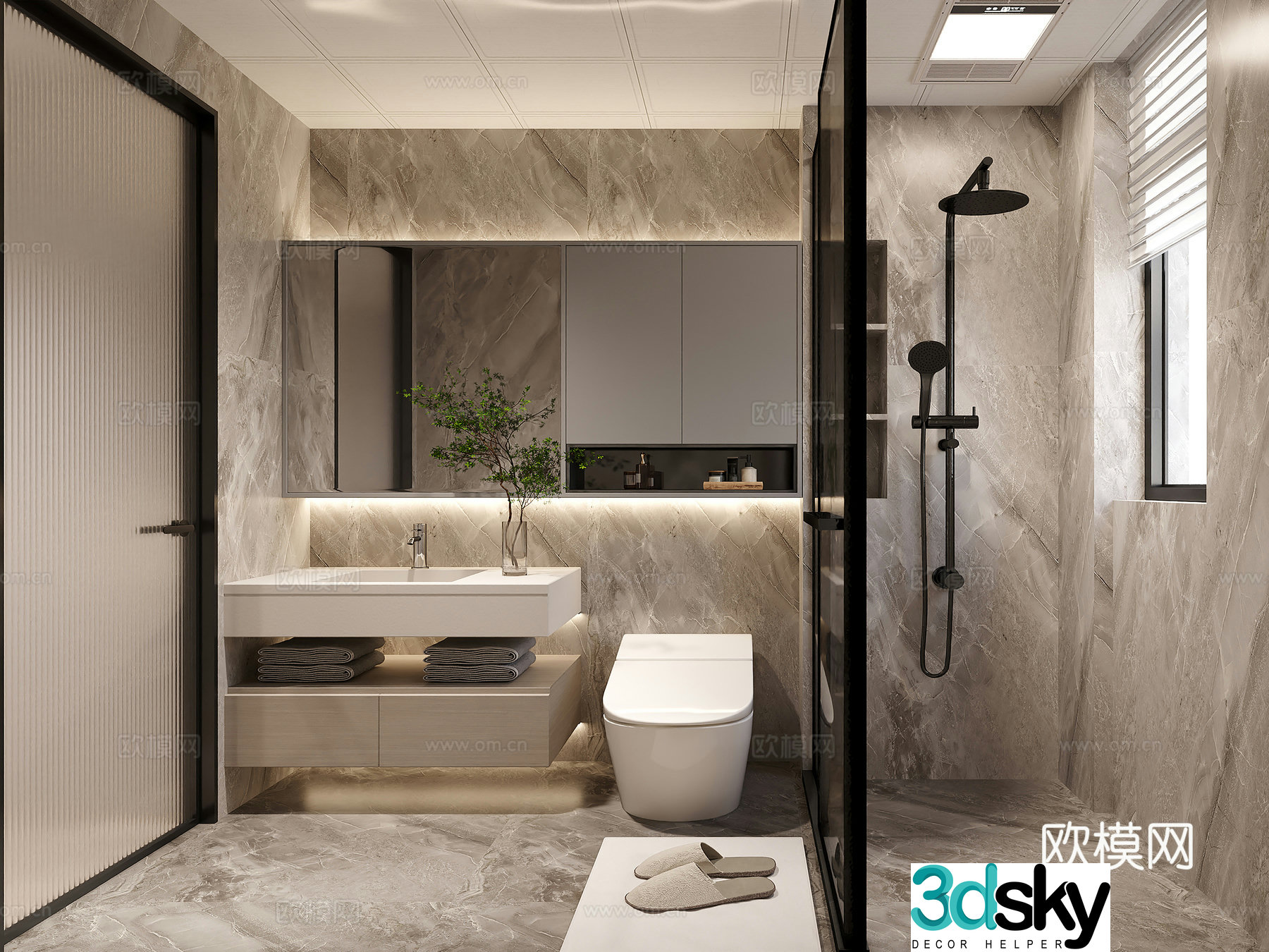 Creamy minimalist bathroom aluminum buckle ceiling 3d model