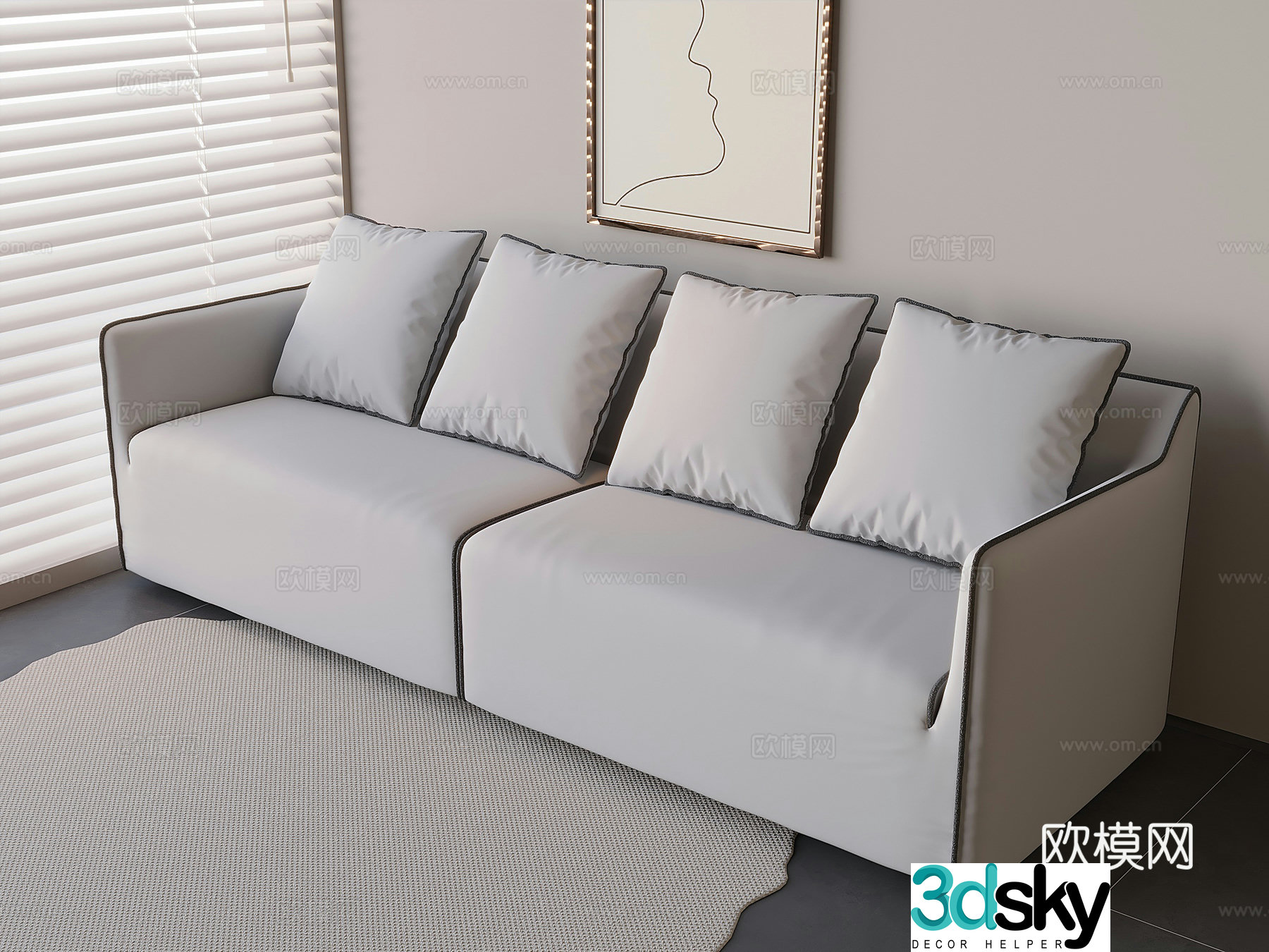 Creamy style multi-person sofa straight-row fabric soft-pack sofa 3D model
