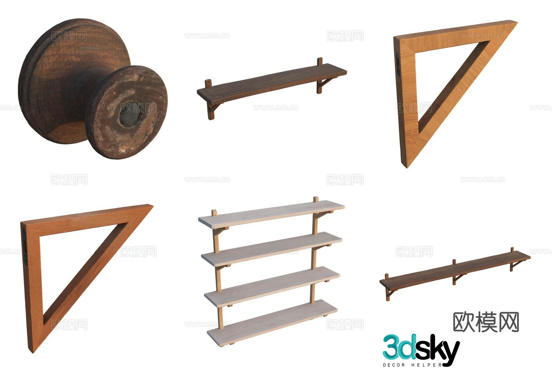 Wooden wall shelf triangular ruler 3D model