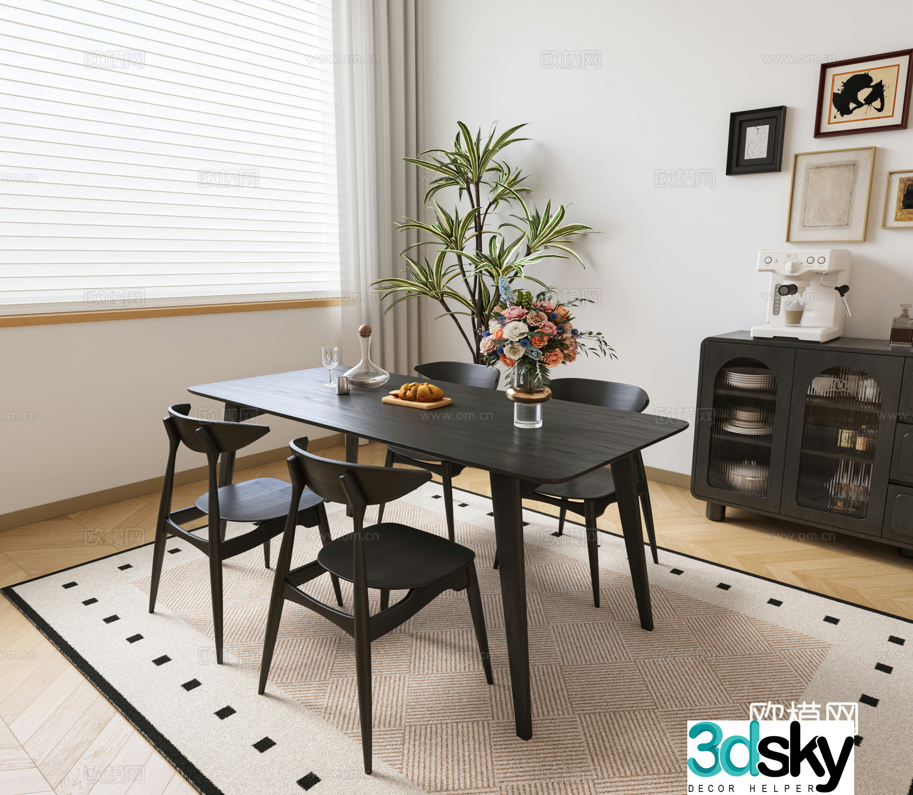 Modern medieval dining table and chairs Solid wood dining table and chair combination French dining table and chair combination Medium-style home dining 3D model