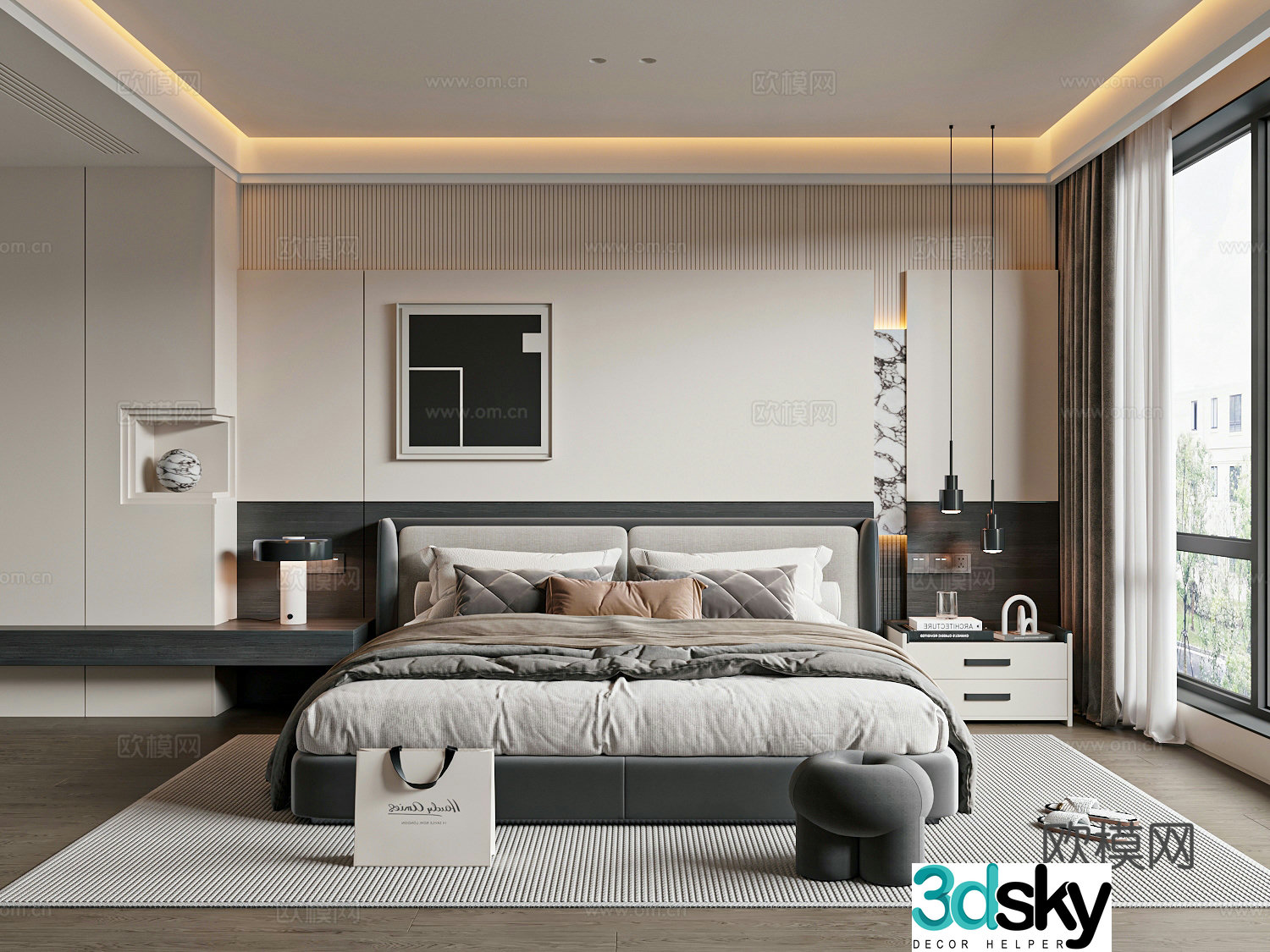 Modern Italian home bedroom double bed nightstand 3d model