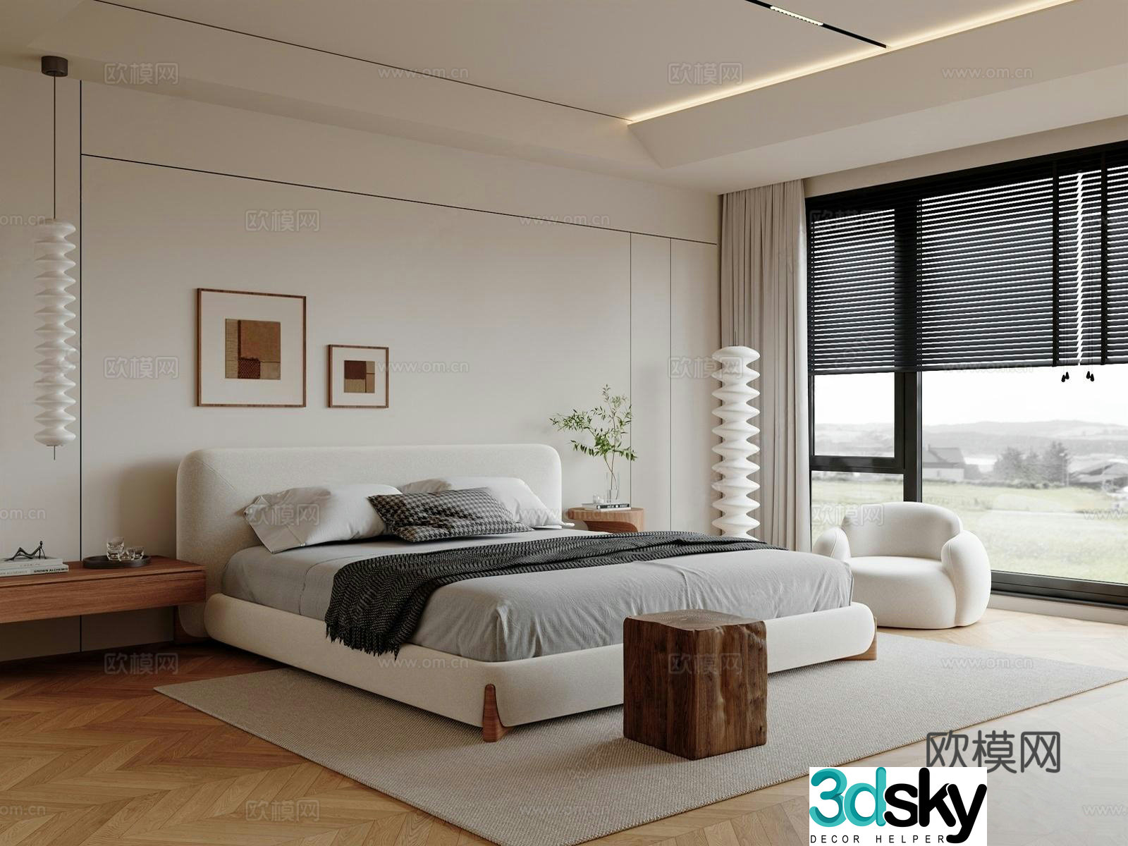 Modern cream home bedroom_second bedroom_master bedroom_no master bedroom_border light bedroom_slanted roof bedroom 3D model
