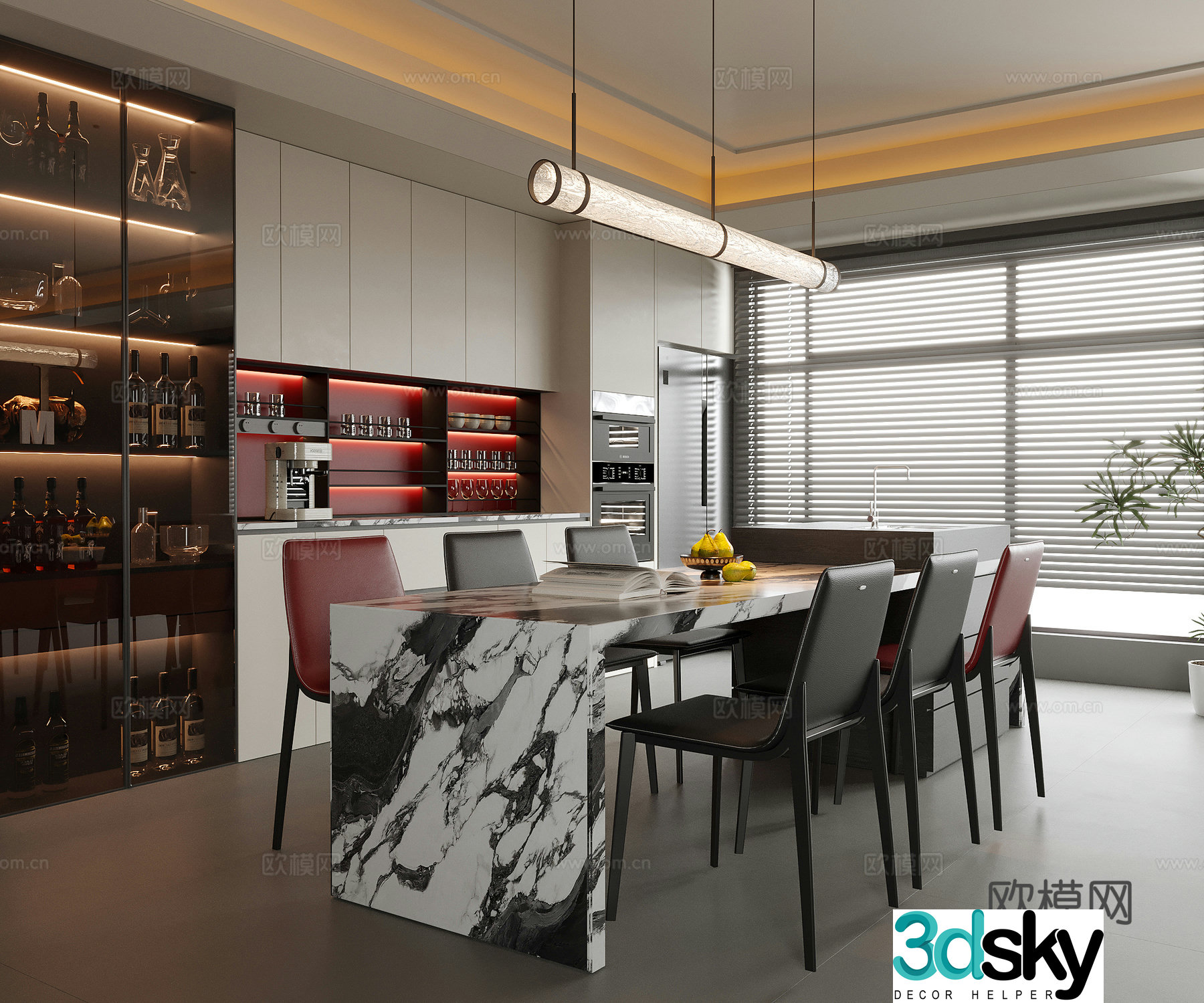 Modern restaurant Island dining table Dining chair Sideboard Wine cabinet 3d model