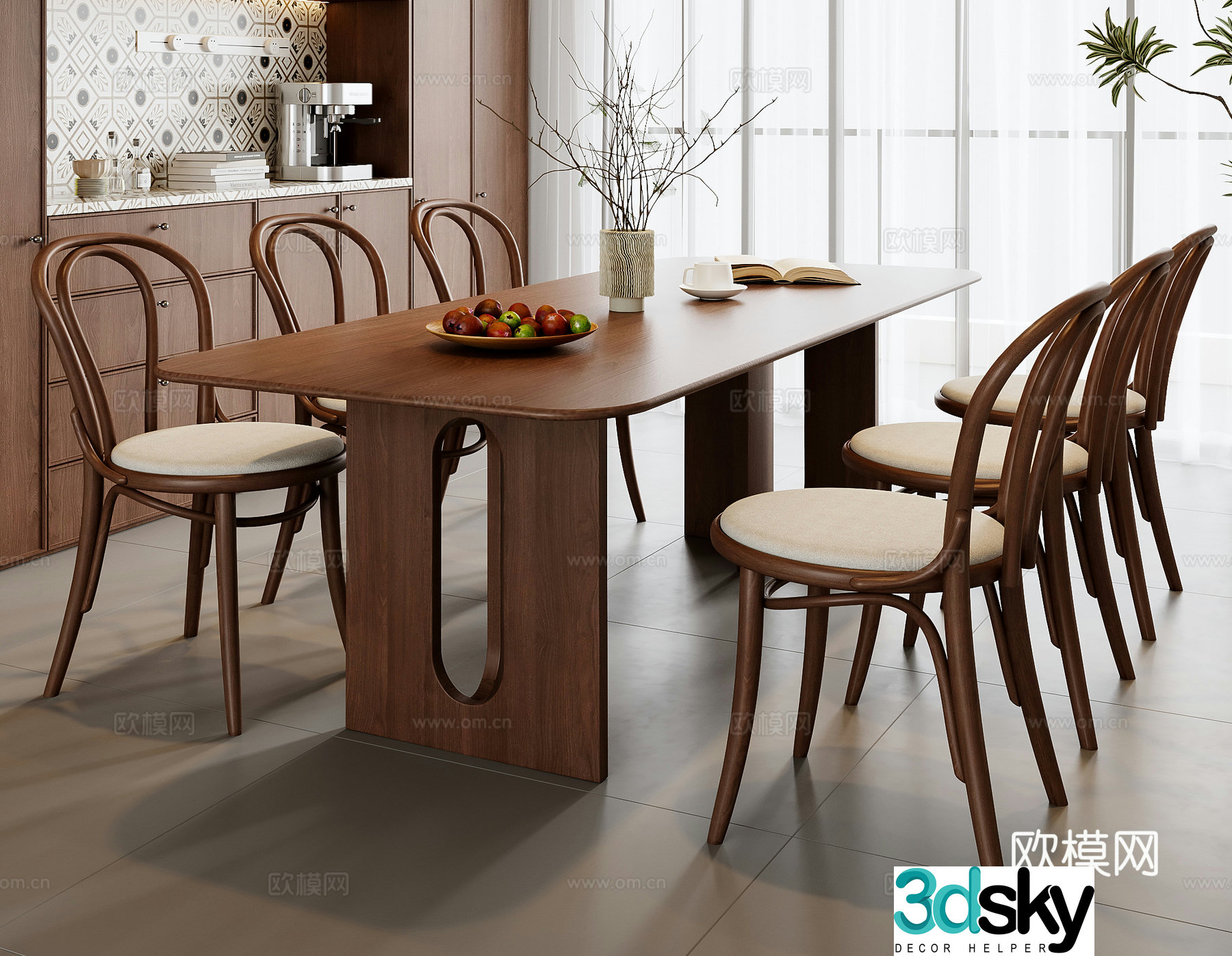 Medium style dining table and chair combination 3D model