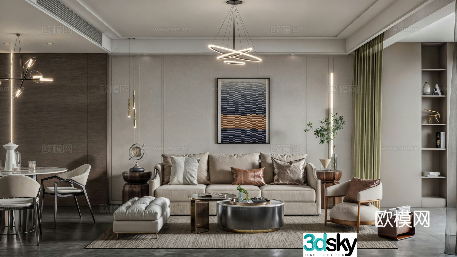 Modern living and dining room 3d model
