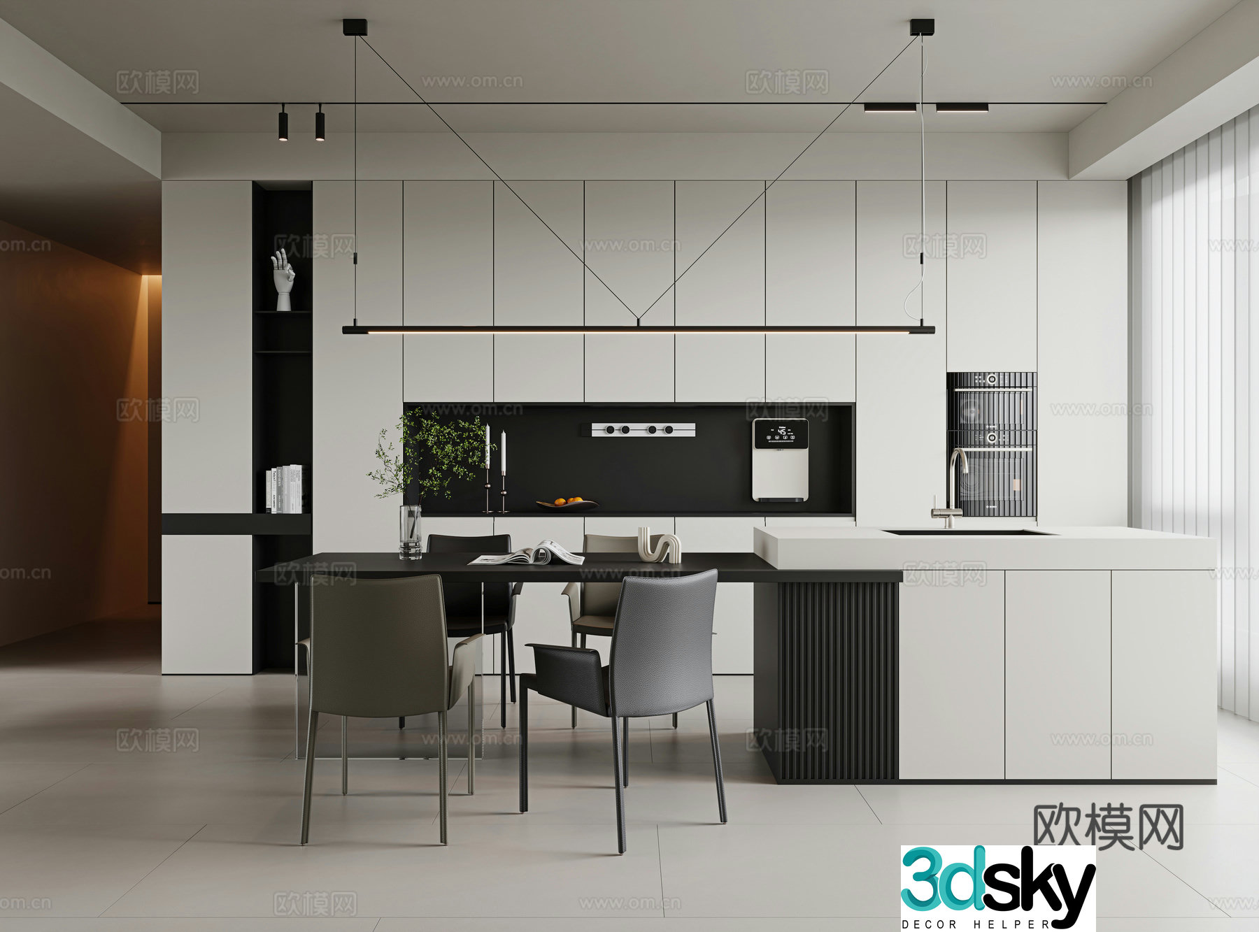 Modern minimalist restaurant dining table and chair combination island dining table single chair leather dining chair sideboard 3D model
