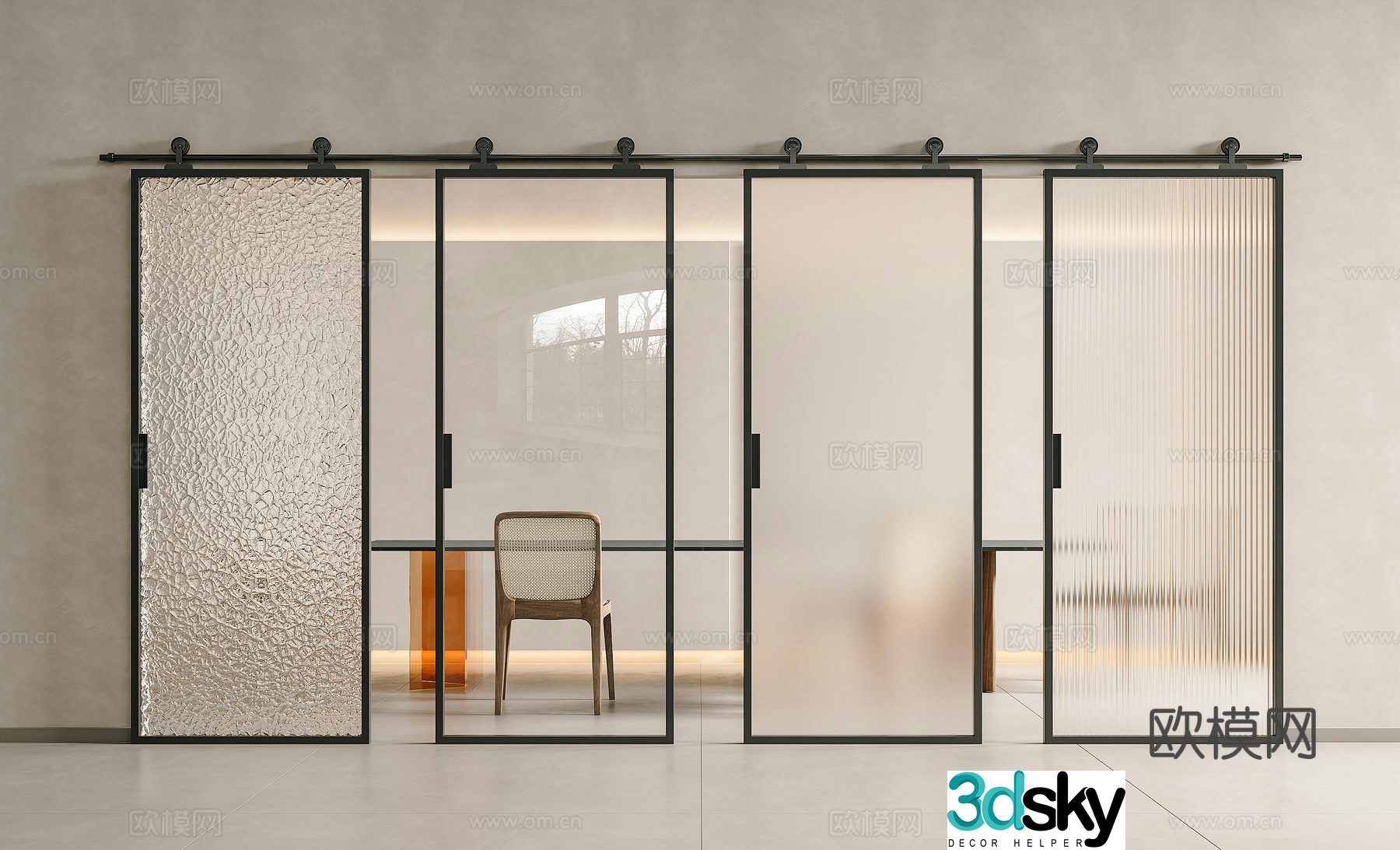 Modern minimalist sliding door Barn door Glass barn door Hanging rail door Changhong glass door Frosted 3D model