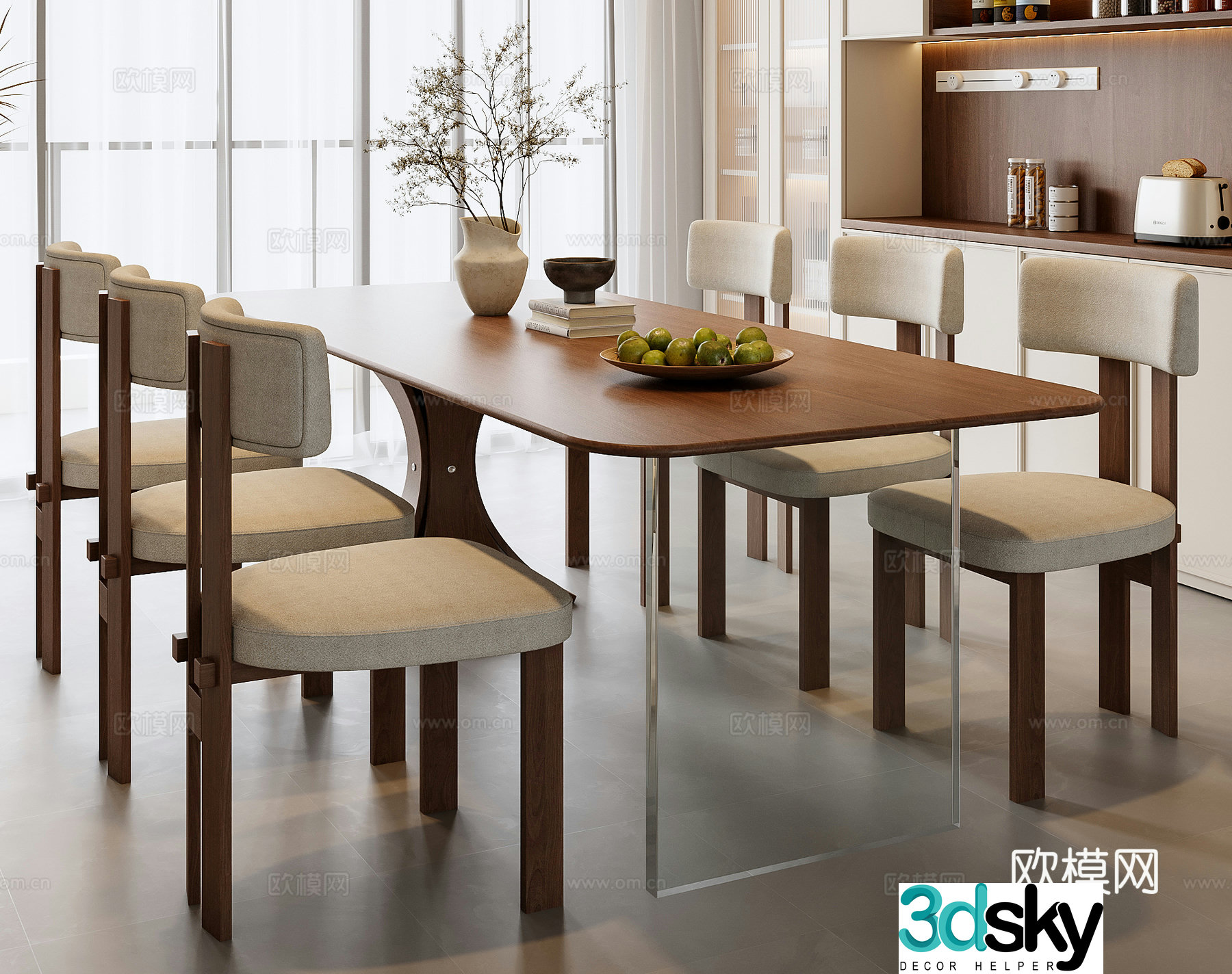 Medium style dining table and chair combination 3D model