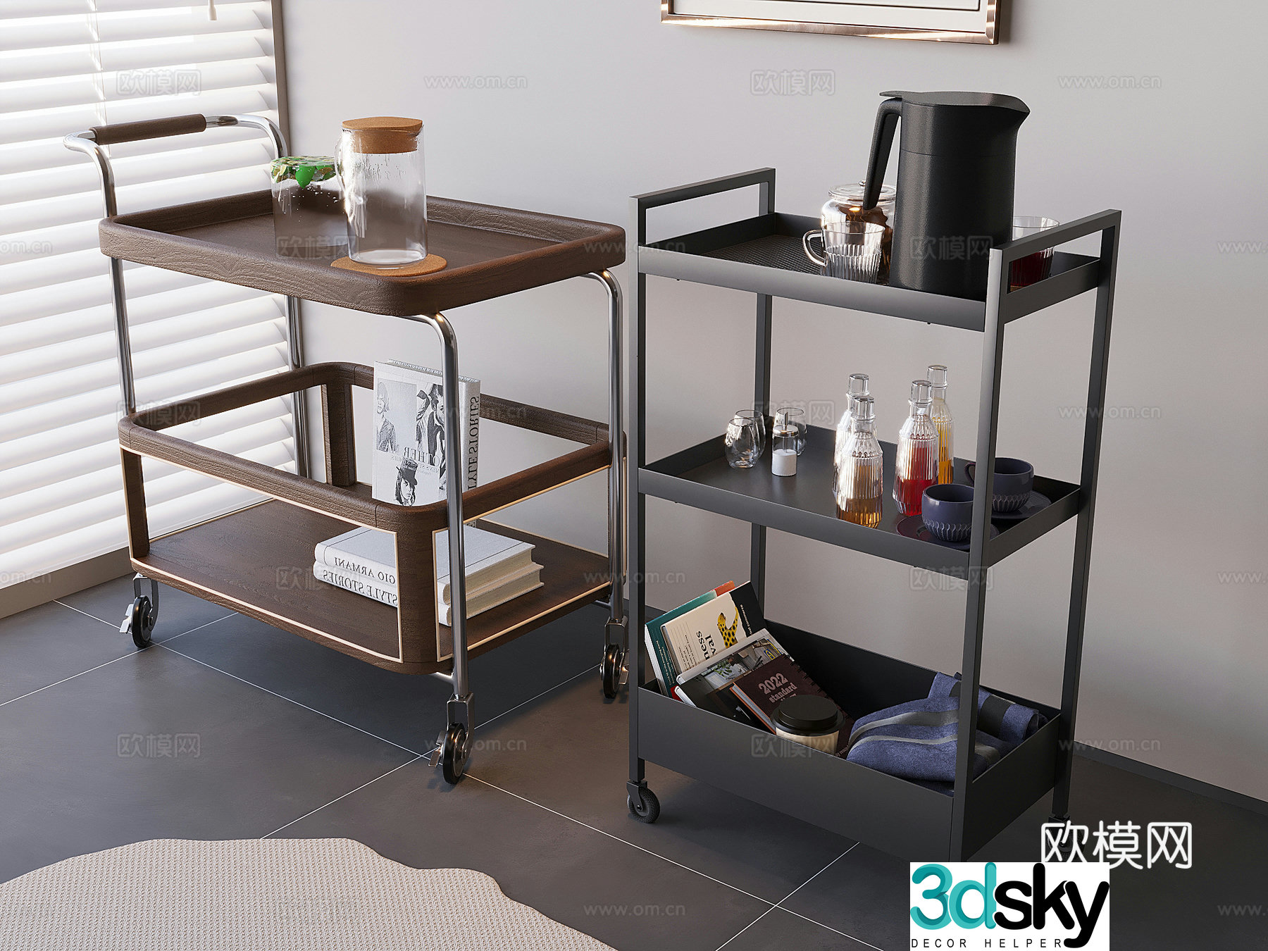 Movable tea trolley medieval sofa edge table solid wood storage rack 3D model