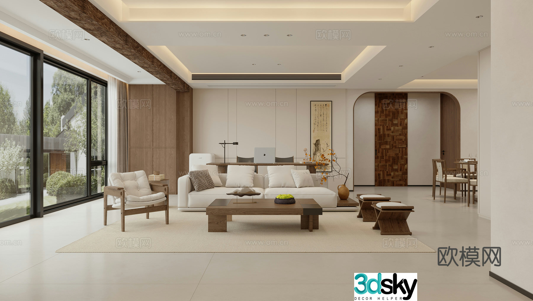 Zen Log Living and Dining Room 3D Model