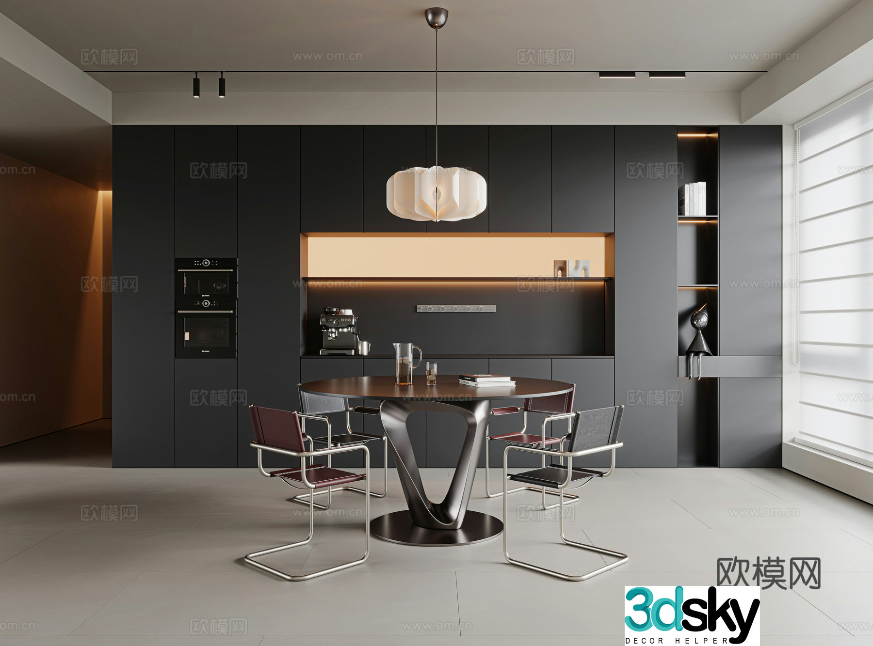 Italian minimalist restaurant round dining table and chair metal dining table minimalist dining chair sideboard wine 3d model