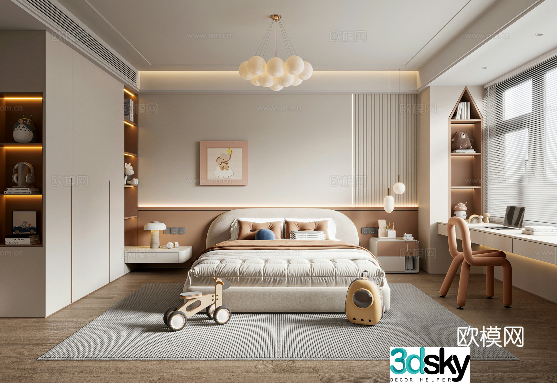 Now creamy children’s room daughter’s room children’s double bed children’s wardrobe children’s desk and chair 3D model