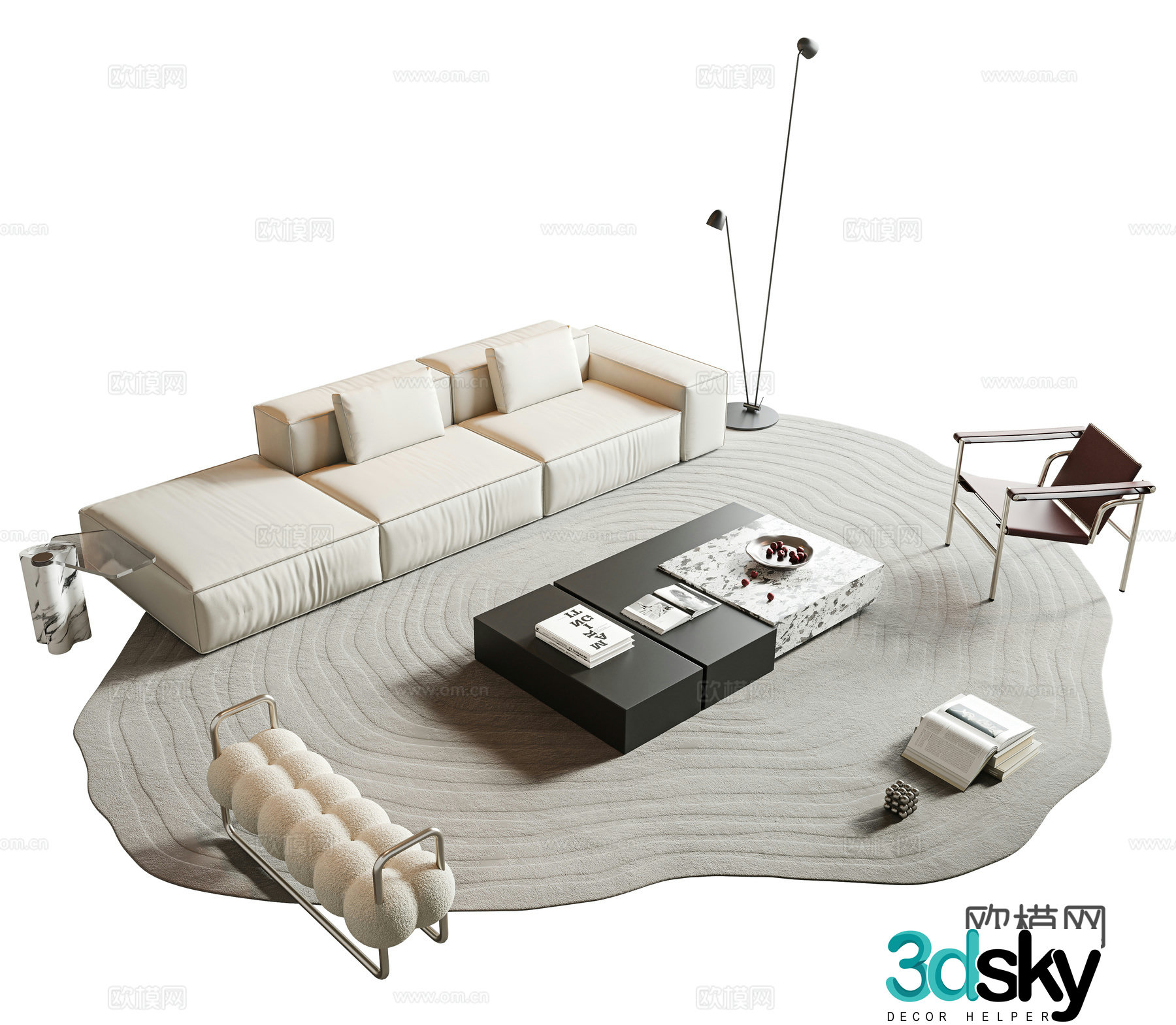 Italian minimalist sofa coffee table combination multi-person sofa fabric sofa combination sofa straight sofa 3D model