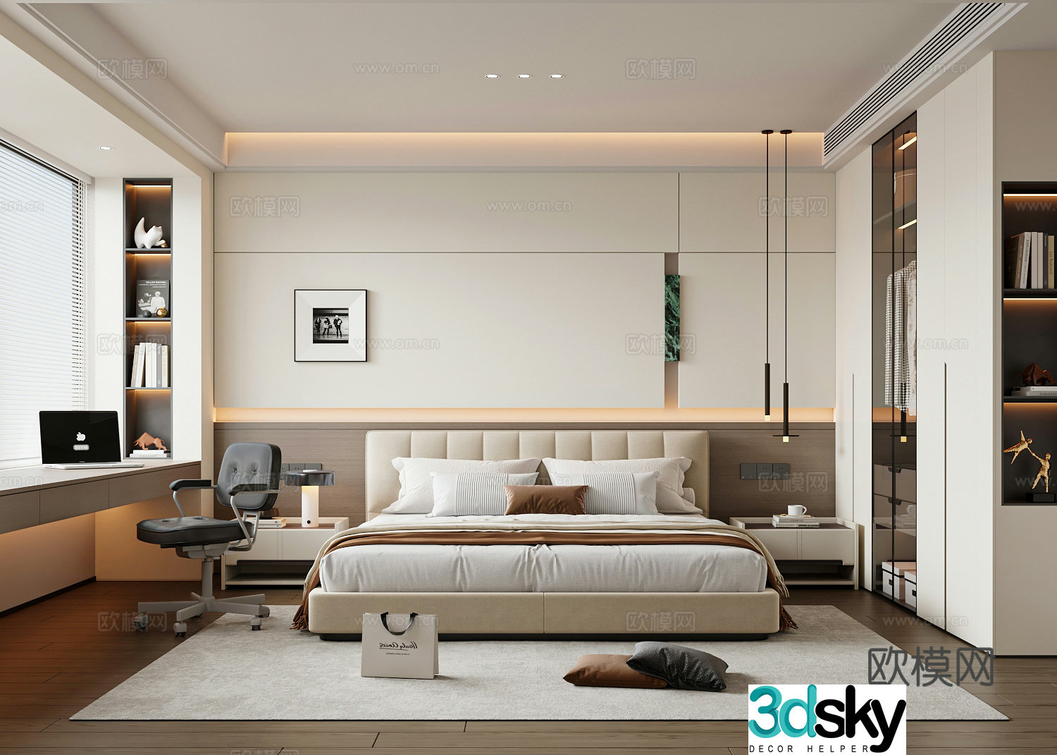 Modern Italian bedroom Double bed nightstand 3d model