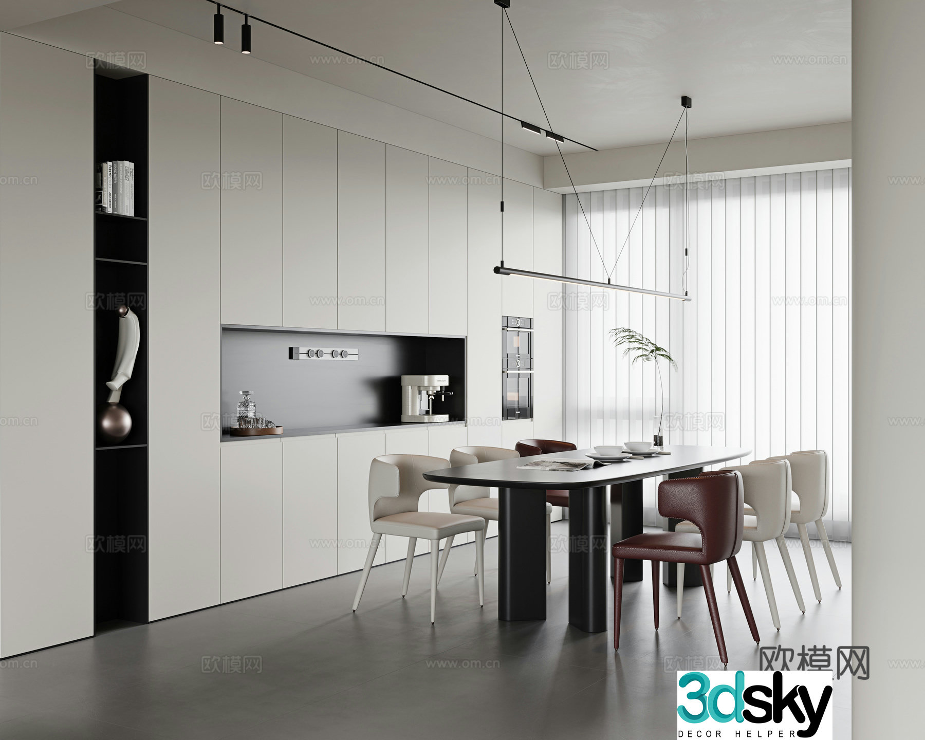 Italian minimalist restaurant owner-light restaurant minimalist dining table single chair leather dining chair sideboard 3D model