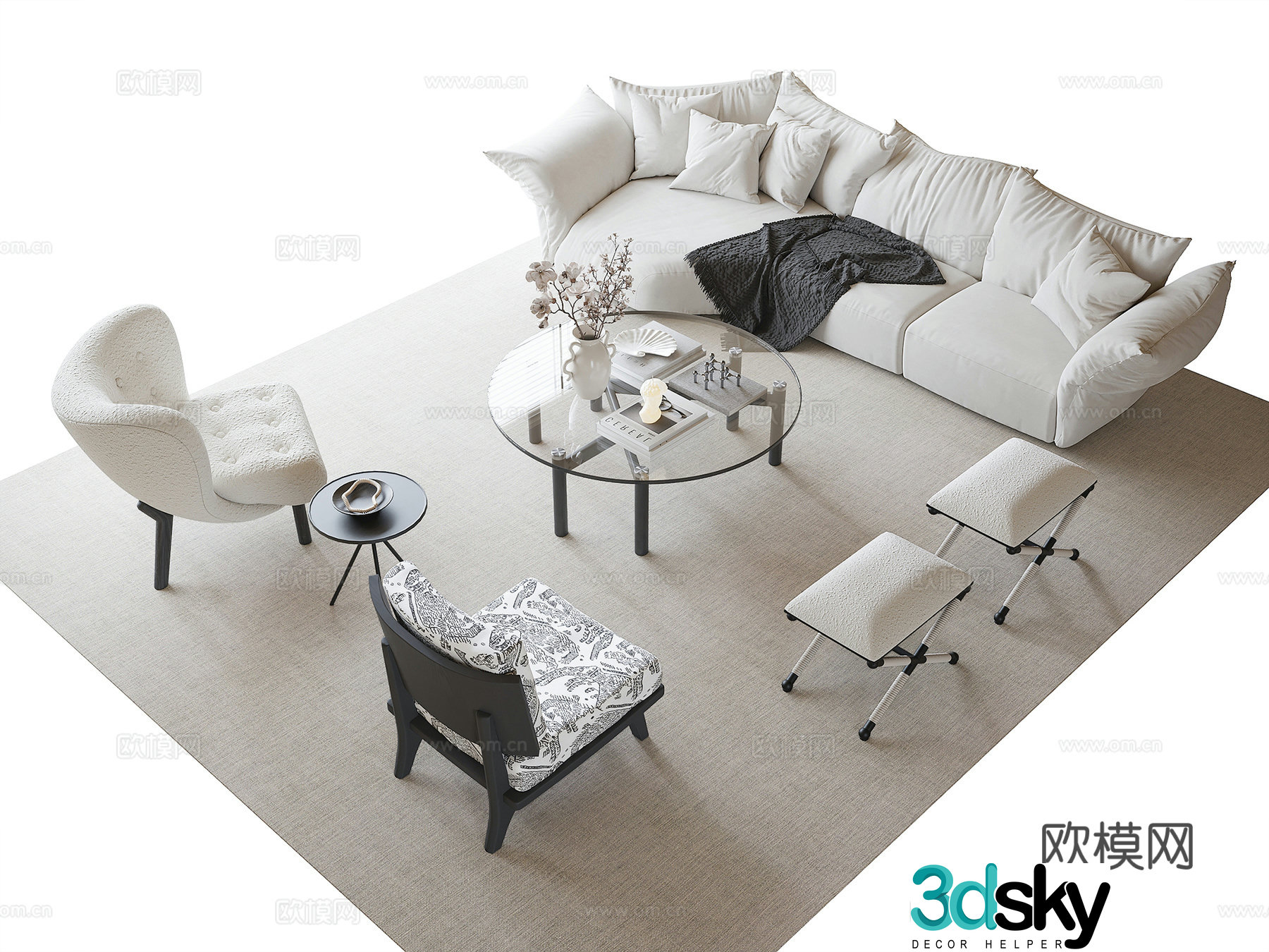 French sofa coffee table combination flower petal sofa coffee table single sofa 3D model
