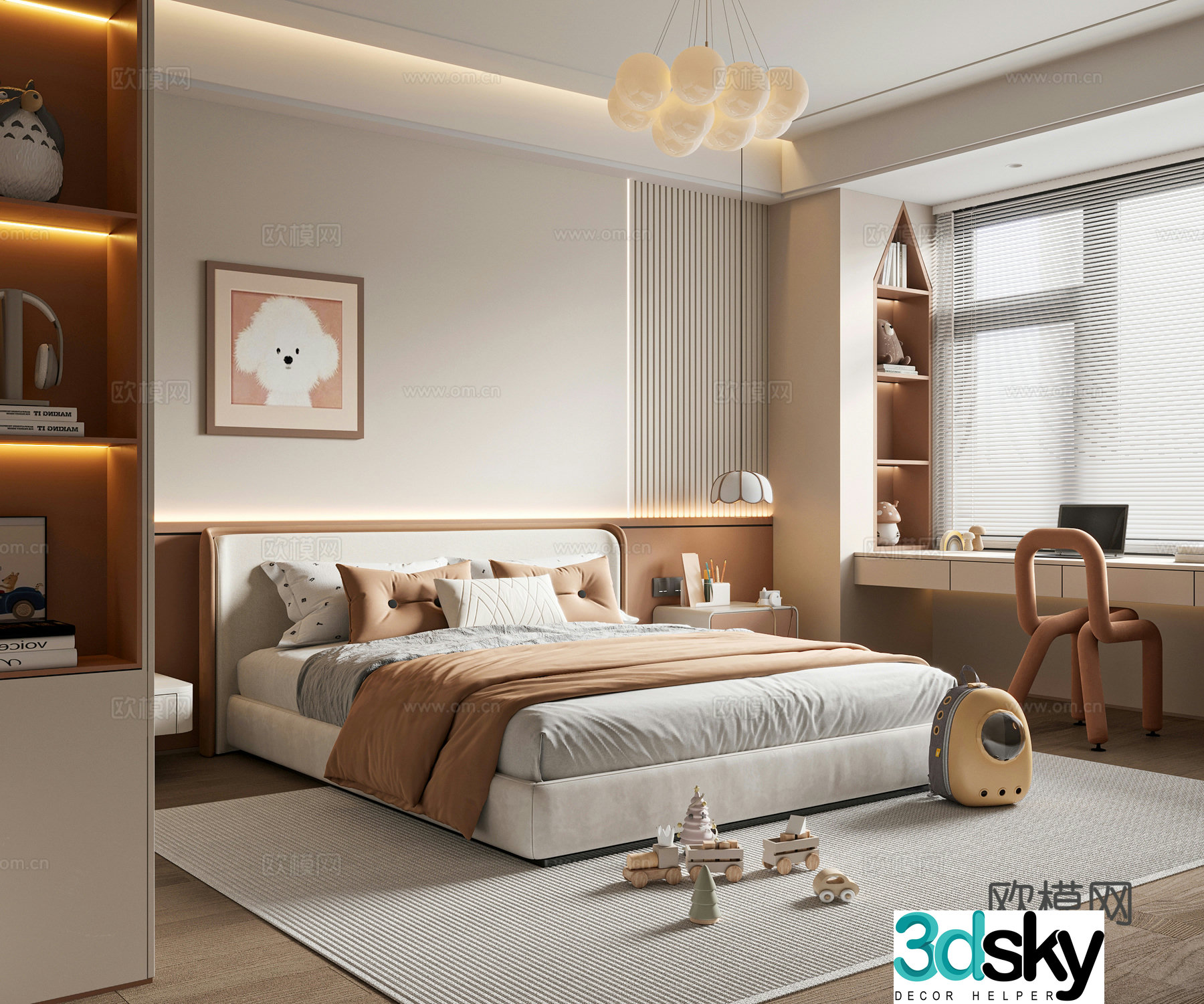Now creamy children’s room daughter’s room children’s double bed children’s wardrobe children’s desk and chair 3D model