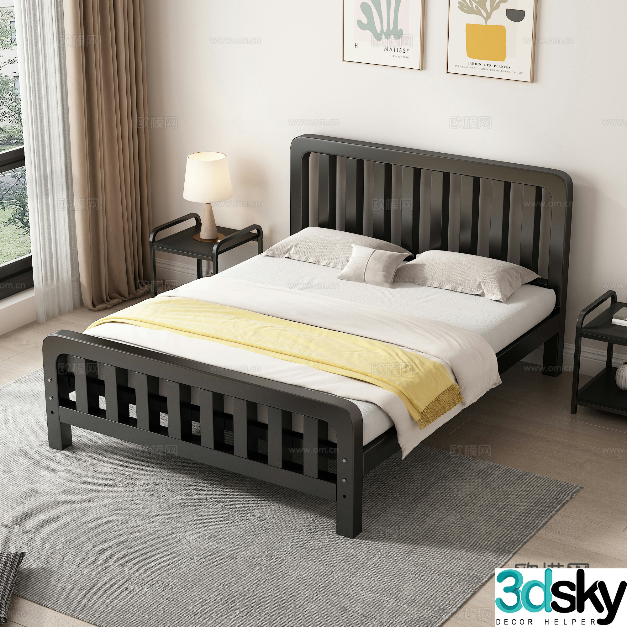 Nordic wrought iron double bed double bed nightstand decorative painting master bedroom bedding table lamp 3d model