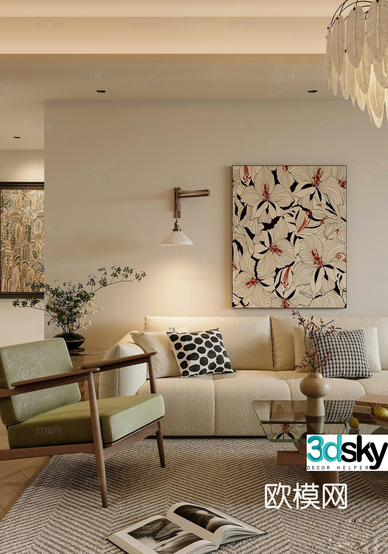 Medium cream home living room 3d model