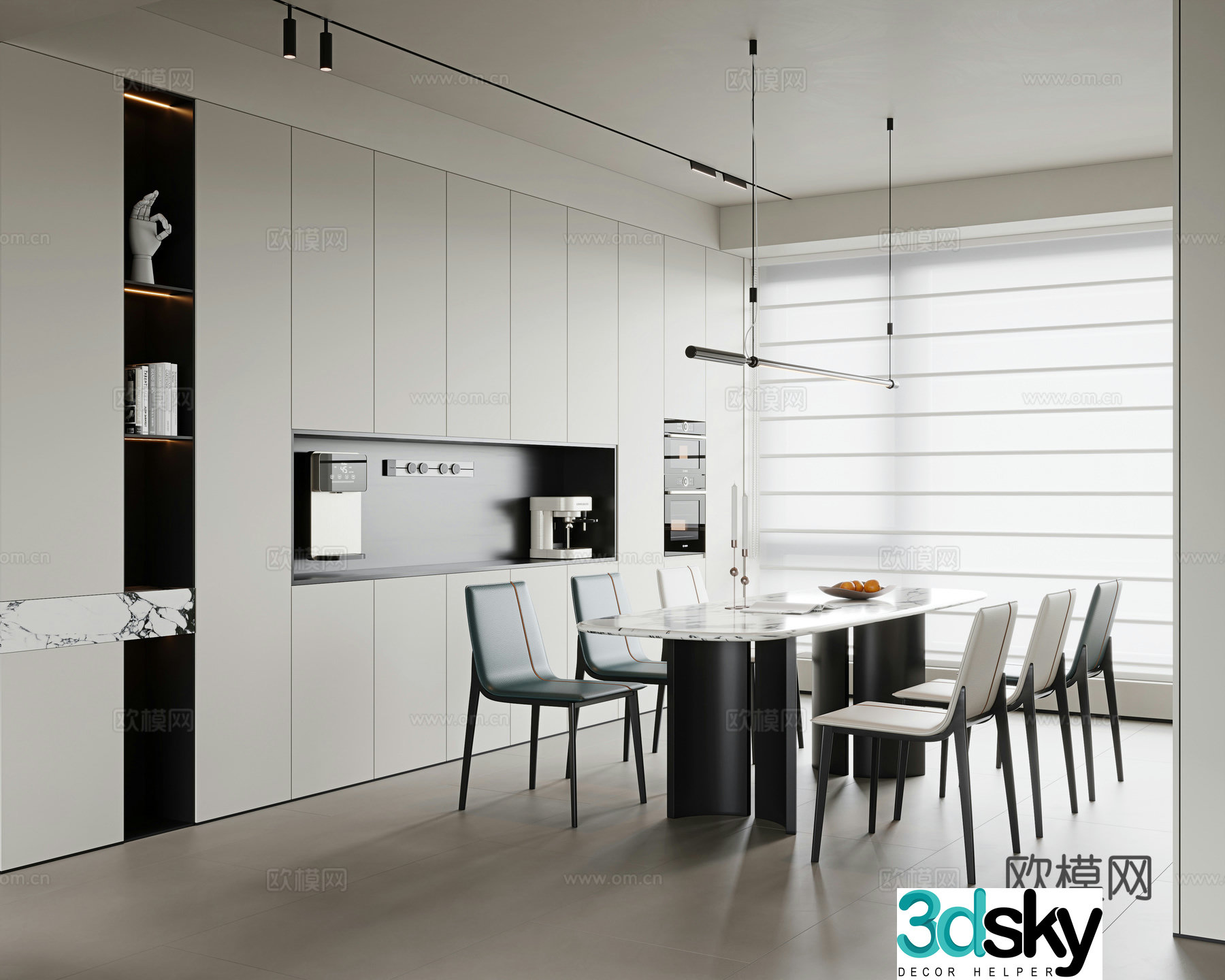 Modern minimalist restaurant dining table and chair combination rock table single chair leather dining chair sideboard 3D model