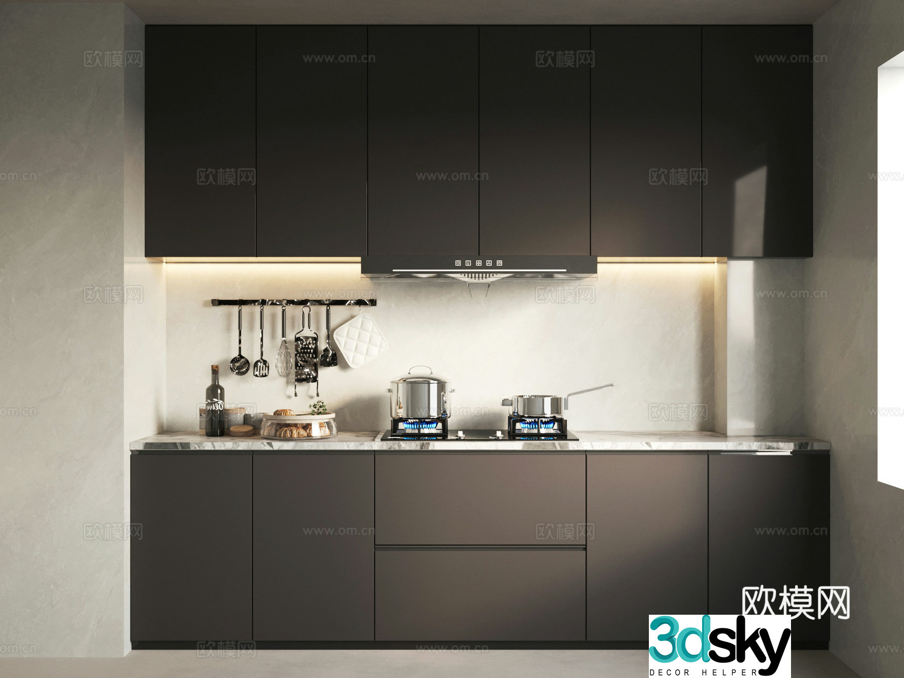 Modern simple kitchen cabinets Kitchen supplies Hot hood stove 3d model