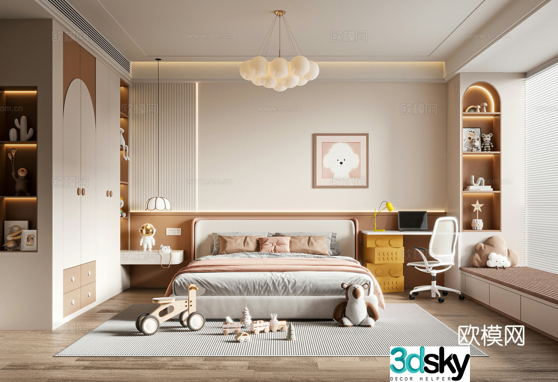 Modern creamy children’s room daughter’s room children’s double bed children’s wardrobe children’s desk and chair 3d model