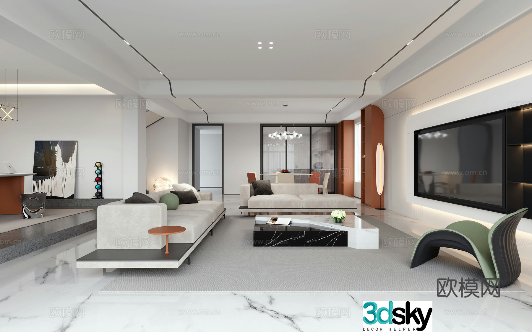 Modern living and dining room 3d model