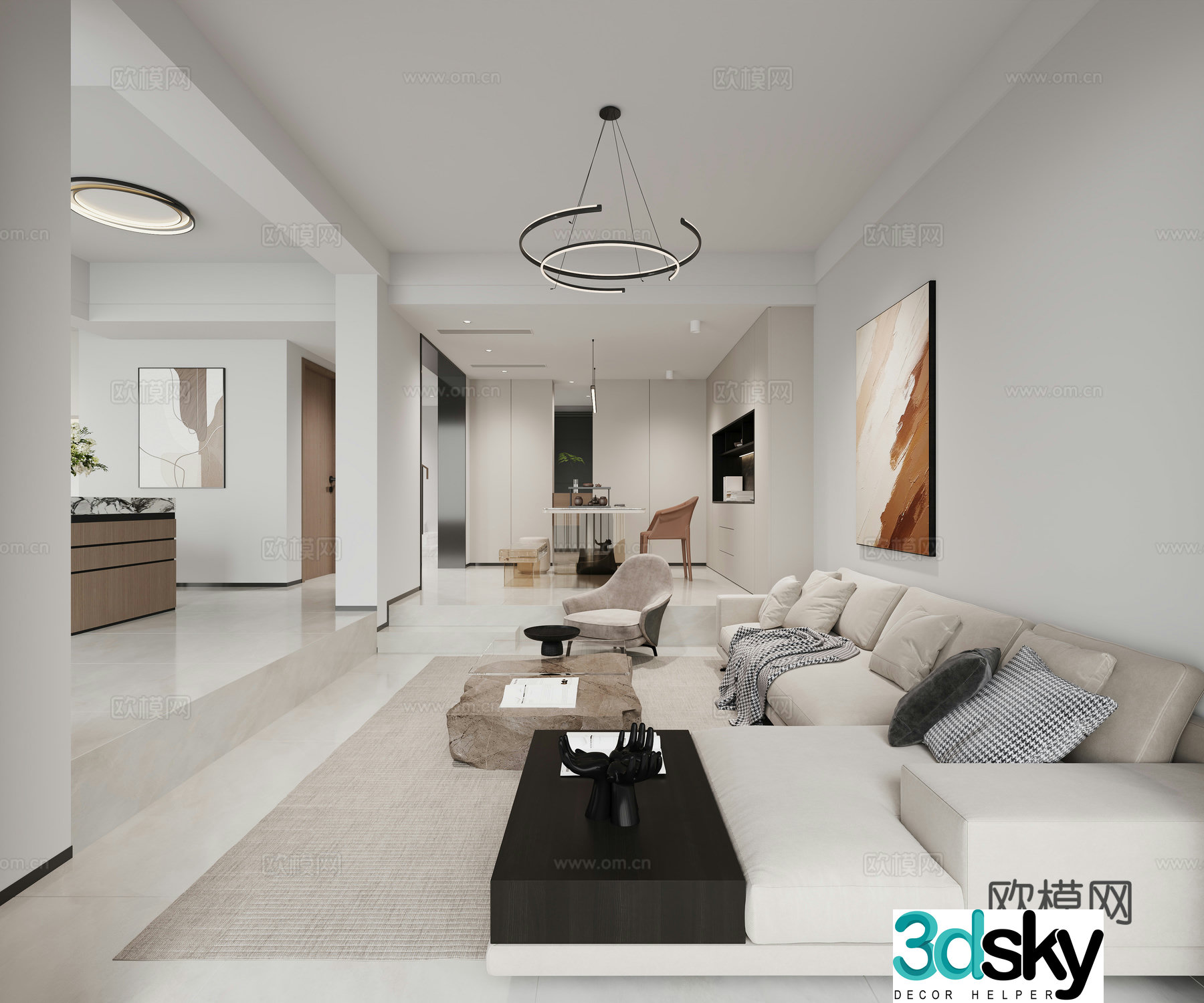 Modern living and dining room 3d model