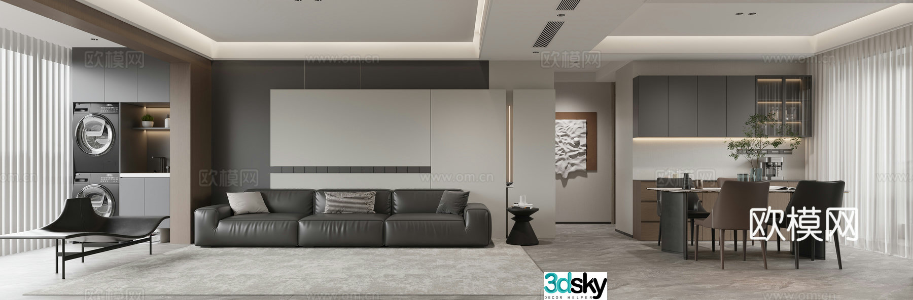 Modern living and dining room 3d model
