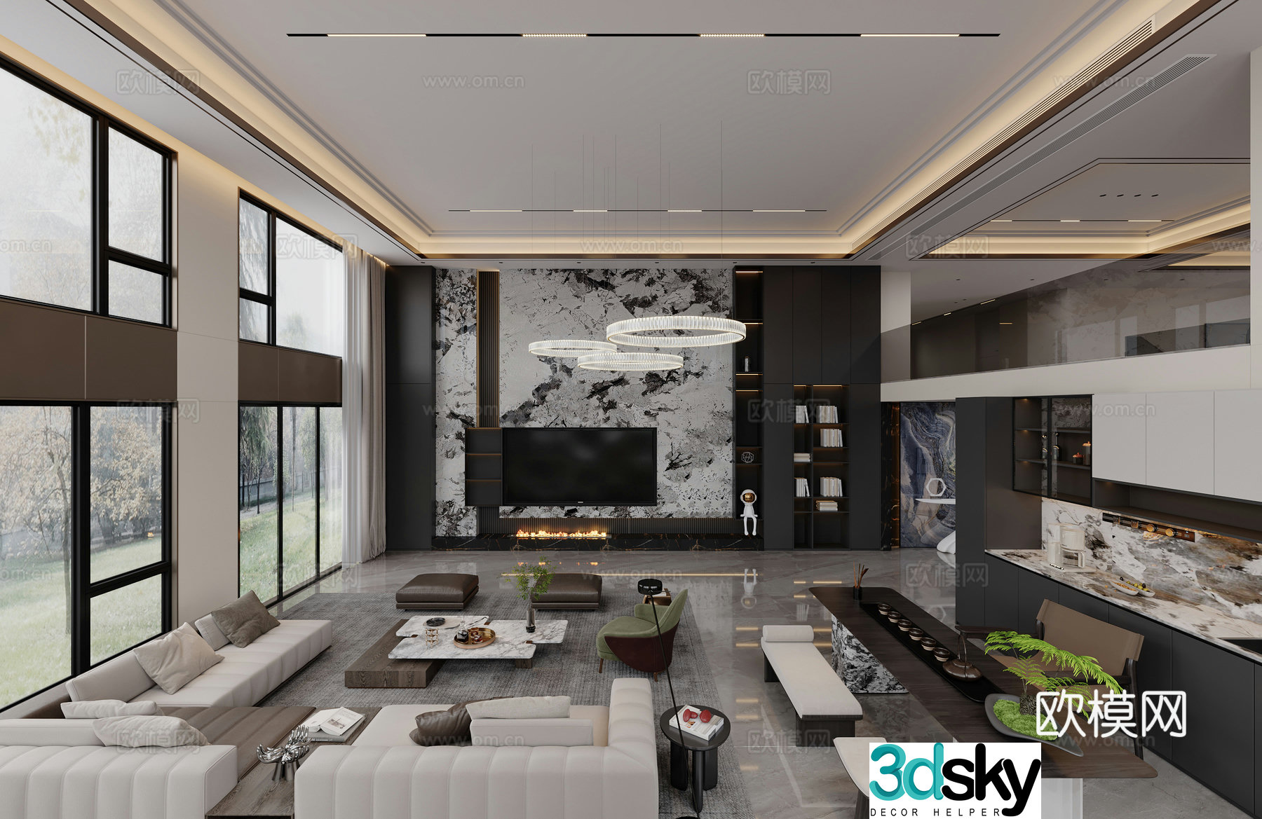 Modern living and dining room 3d model
