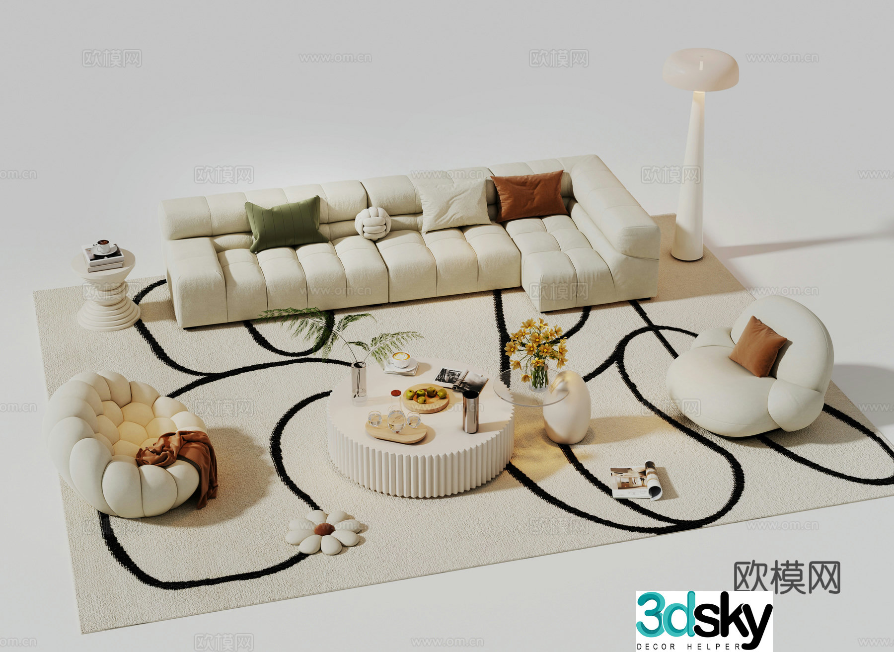 Modern cream sofa combination casual sofa multi-person sofa living room sofa coffee table combination carpet 3D model