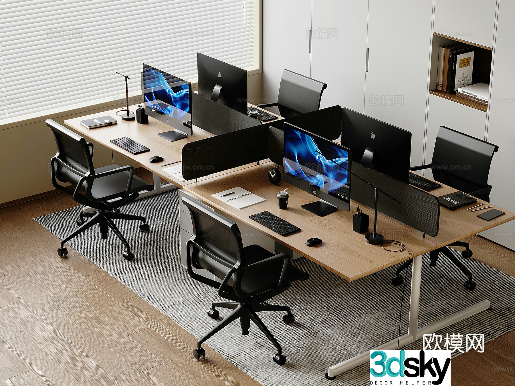 Solid wood desk rotating chair Apple desktop computer Mouse and keyboard minimalist desk lamp 3D model
