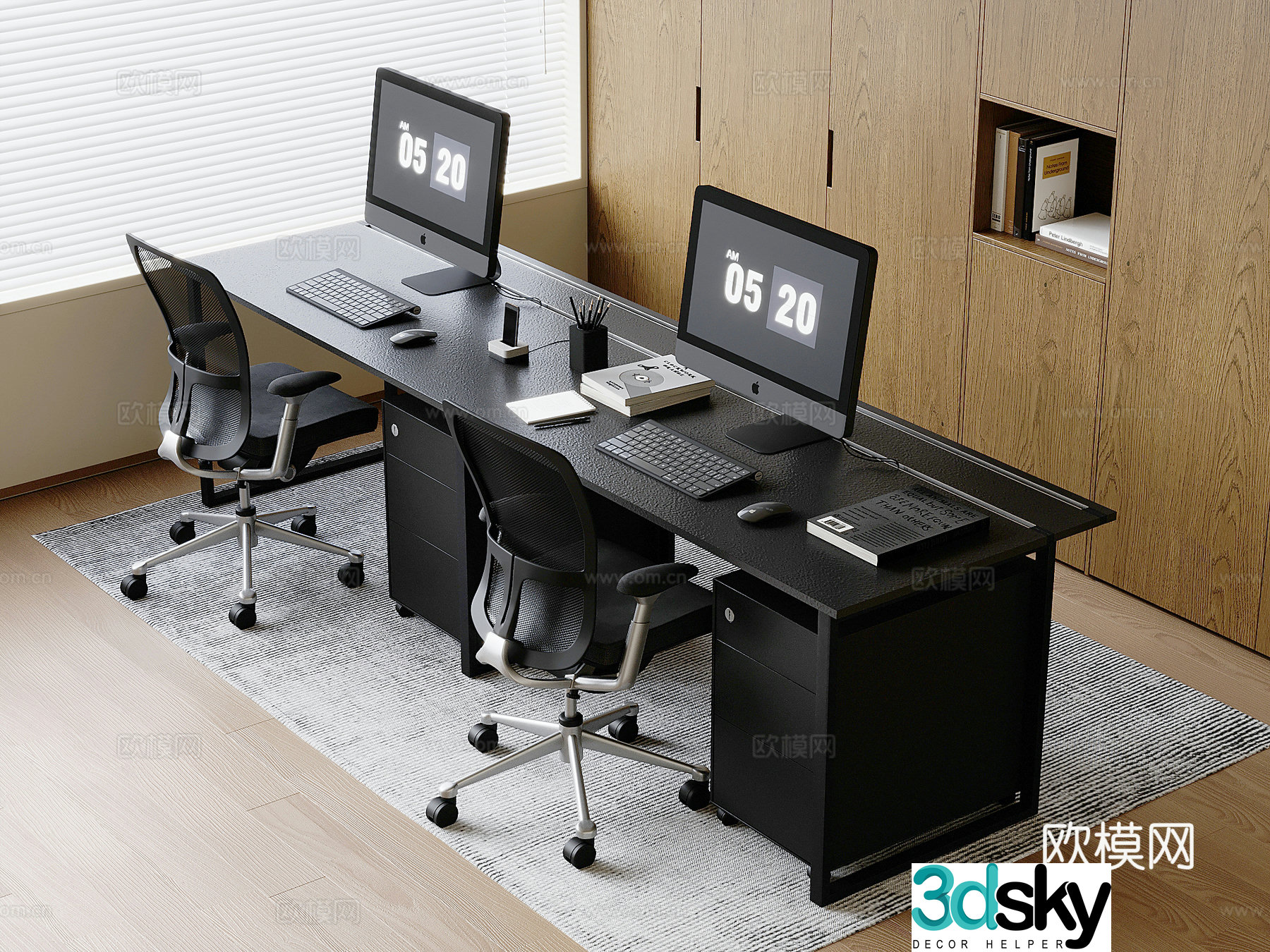 Solid wood desk rotating chair Apple desktop computer Mouse and keyboard book book 3D model