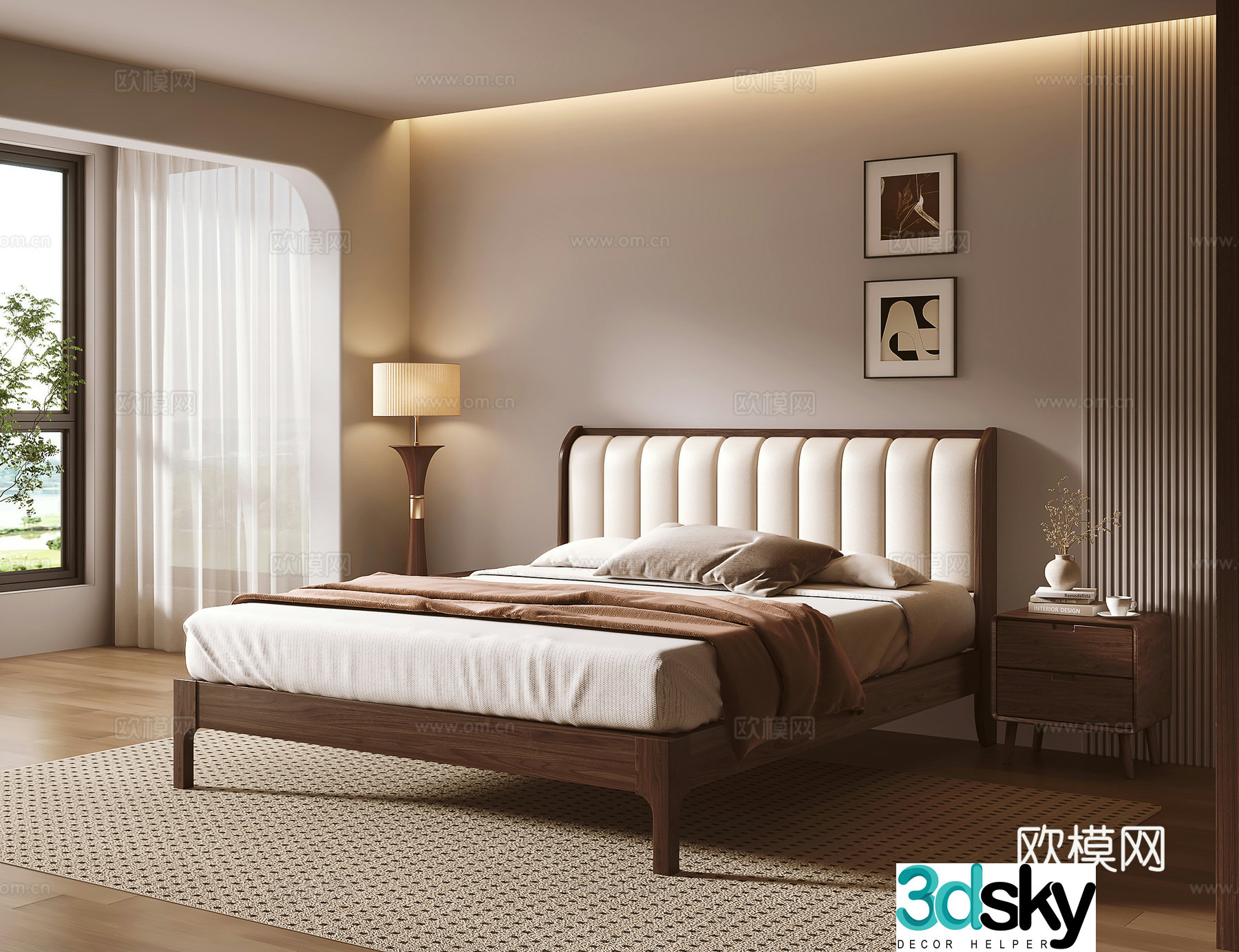 Medium style soft pack solid wood double bed 3D model