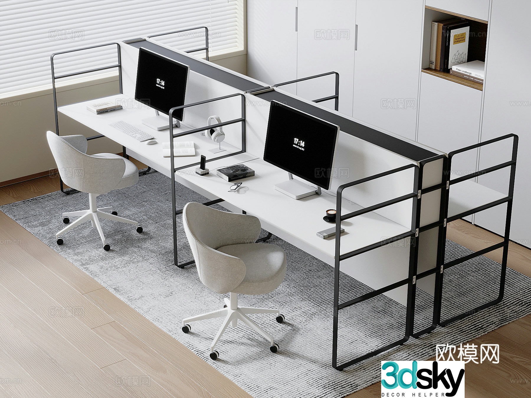 Solid wood office desk rotating chair Apple desktop computer Mouse and keyboard 3D model