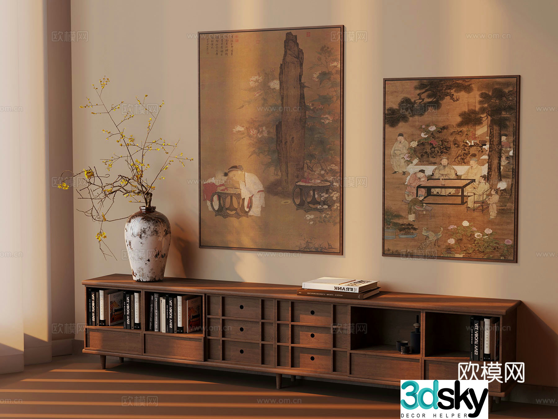 New Chinese TV cabinet low cabinet side cabinet decorative painting 3D model