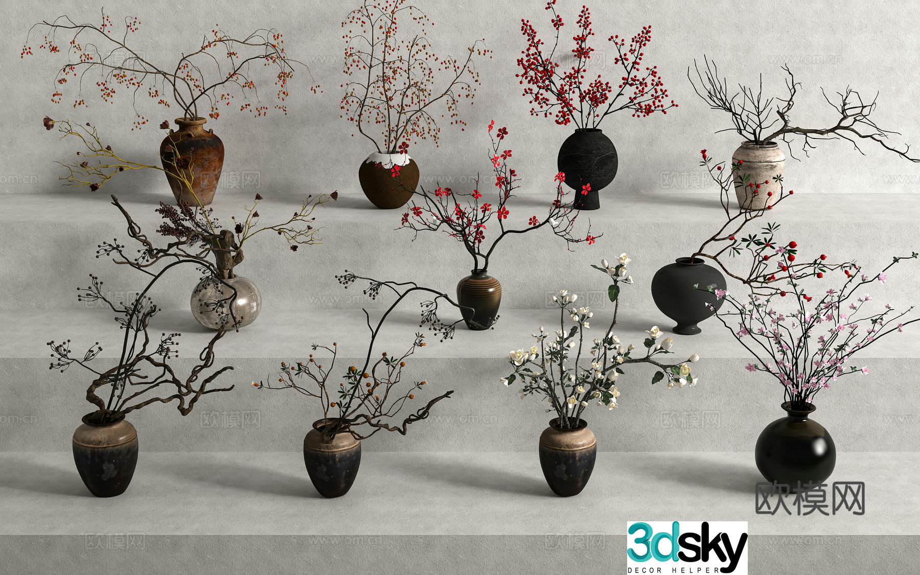 New Chinese style flower art dry branches dead branches pottery jar vase ancient flower art 3D model