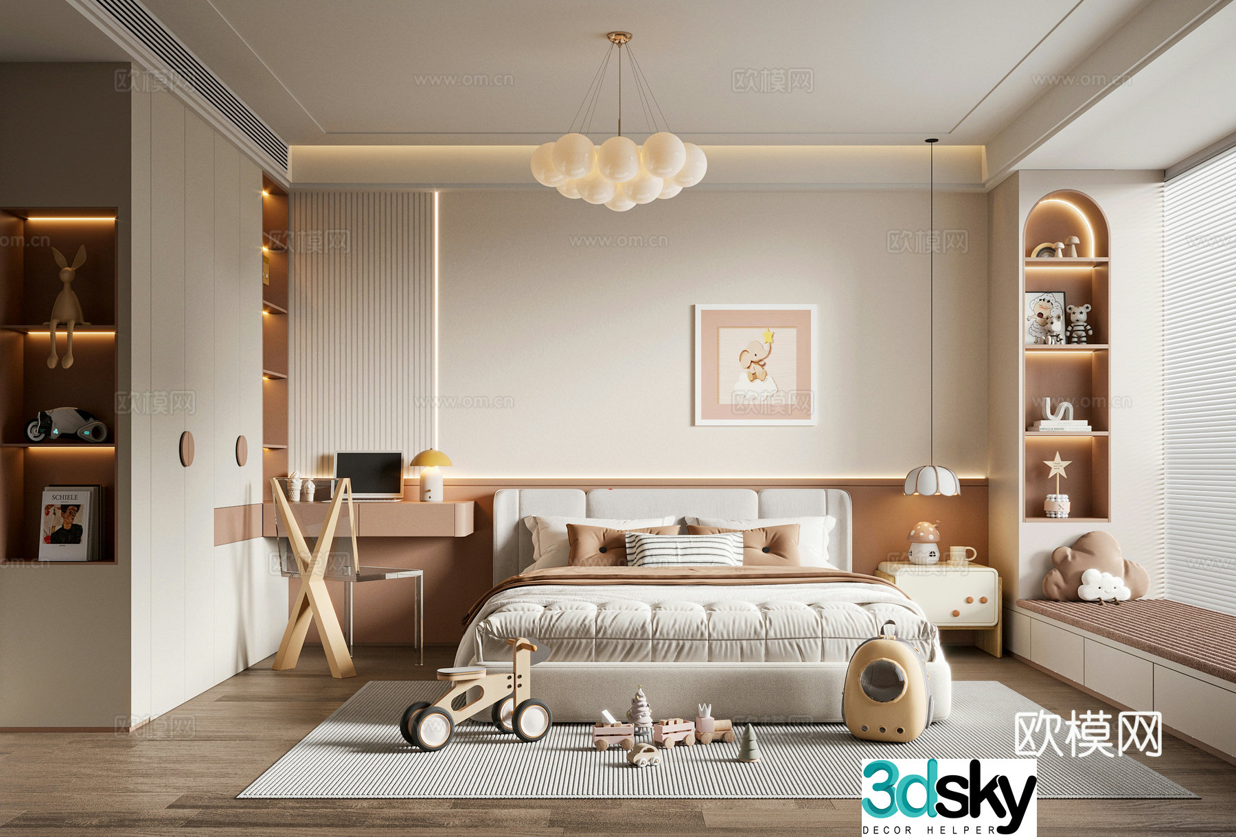 Modern creamy children’s room daughter’s room children’s double bed children’s wardrobe children’s desk and chair 3d model