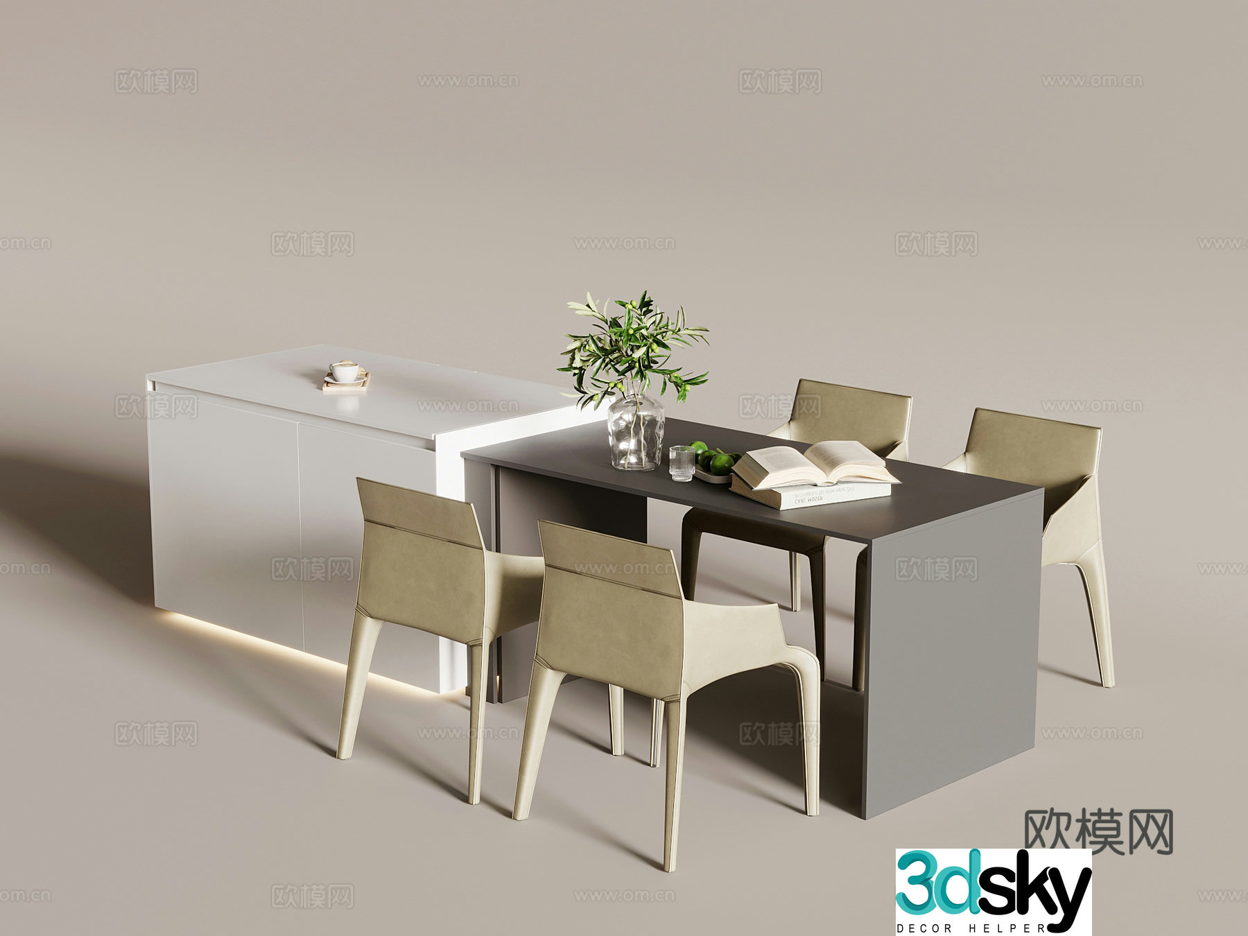 Modern minimalist island bar dining table and chair 3D model