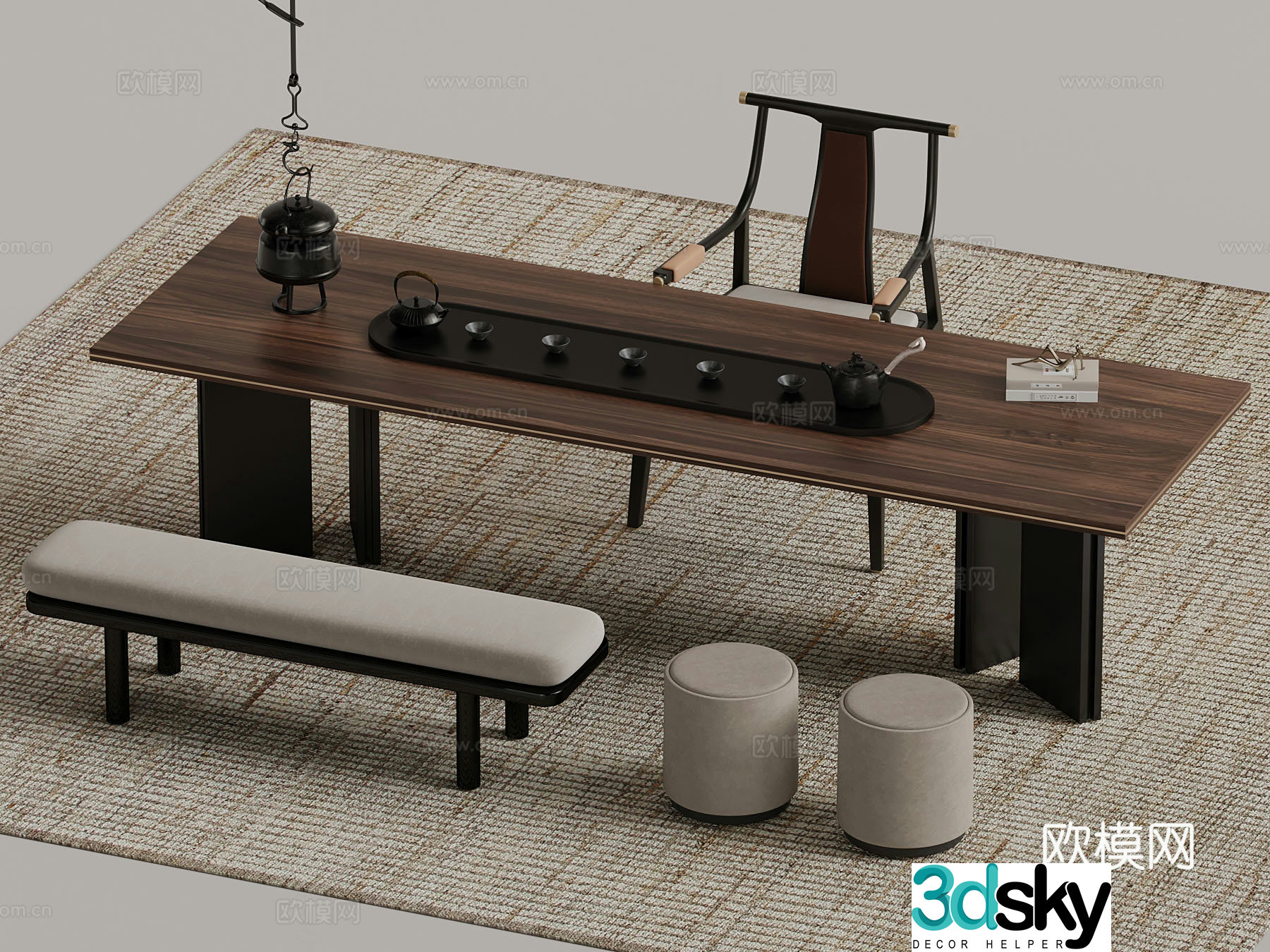 New Chinese-style tea table and chairs stools tea sets 3D model