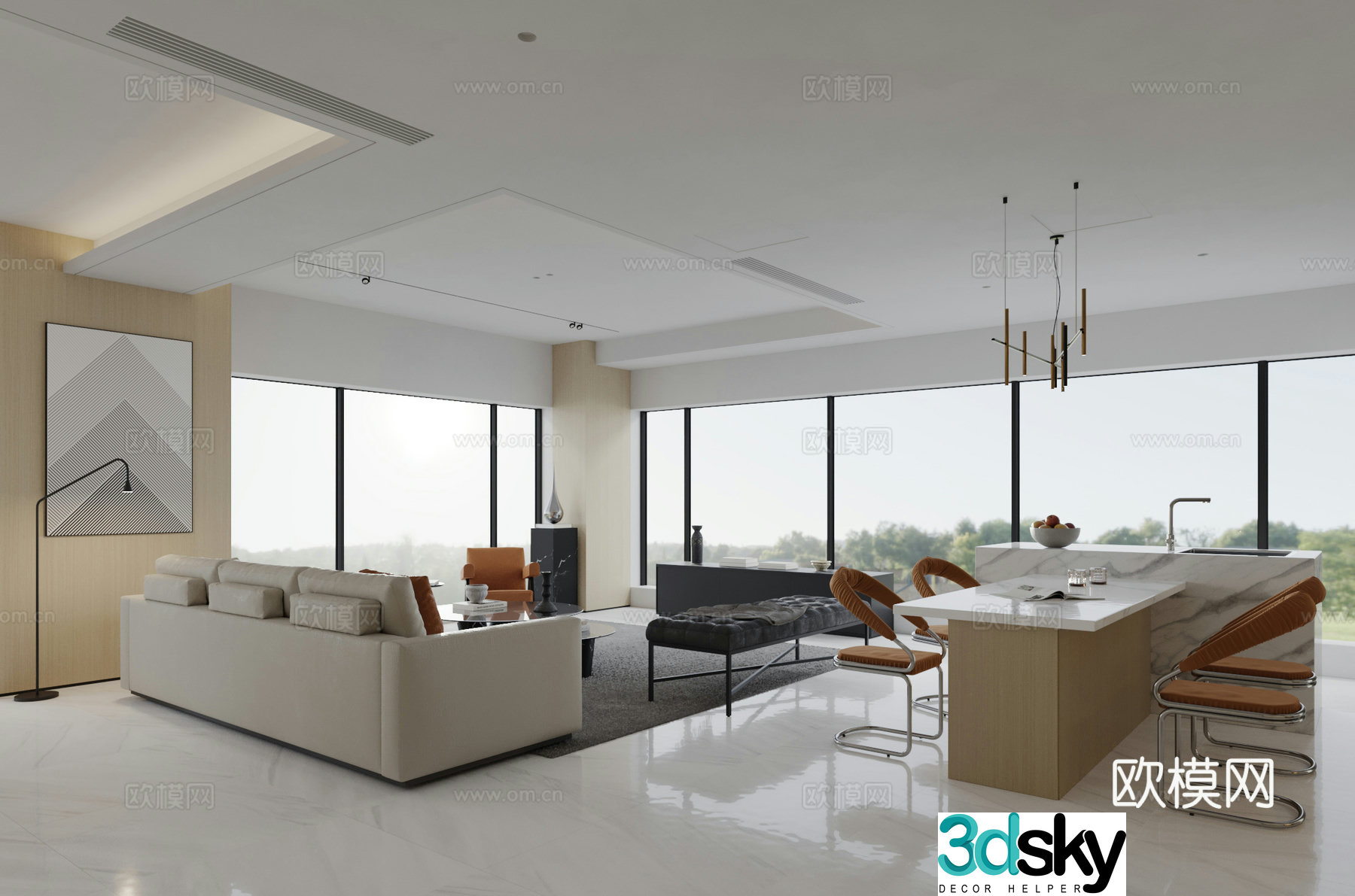 Modern living and dining room 3d model