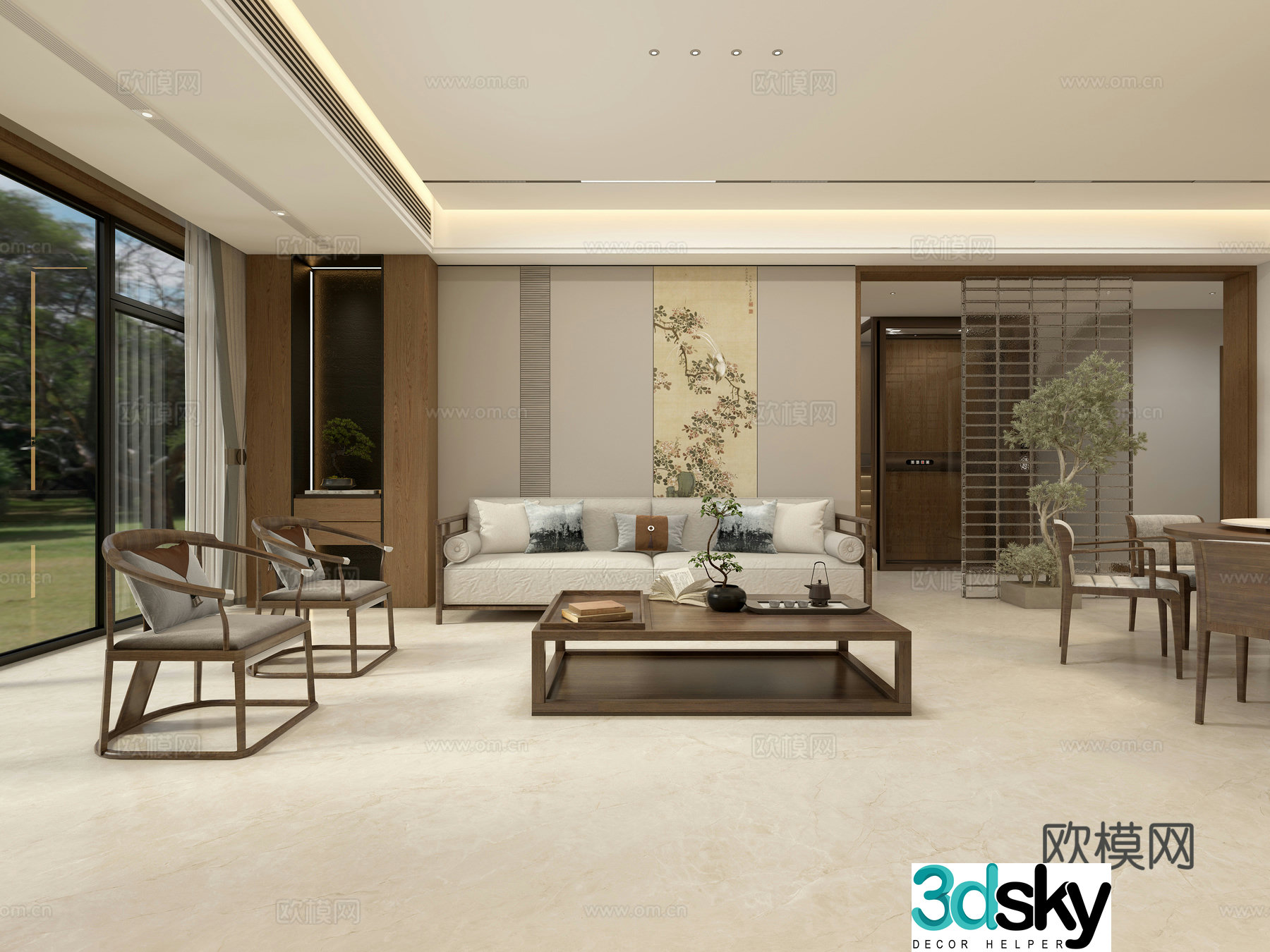 New Chinese style living restaurant Song’s aesthetic living restaurant round dining table wine cabinet film and television wall glass elevator 3D model