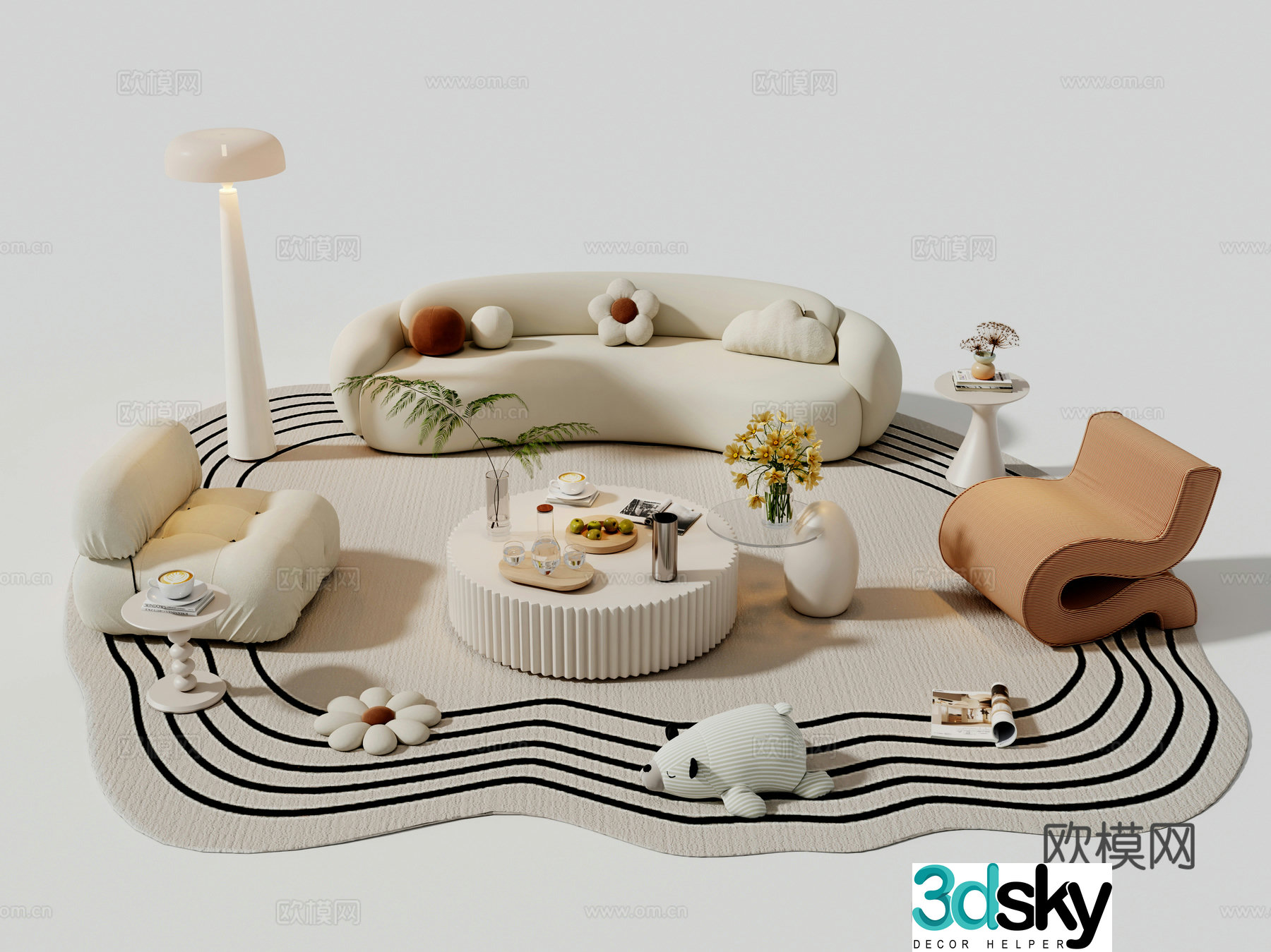Modern cream sofa combination casual sofa living room sofa combination curved sofa sofa coffee table 3D model