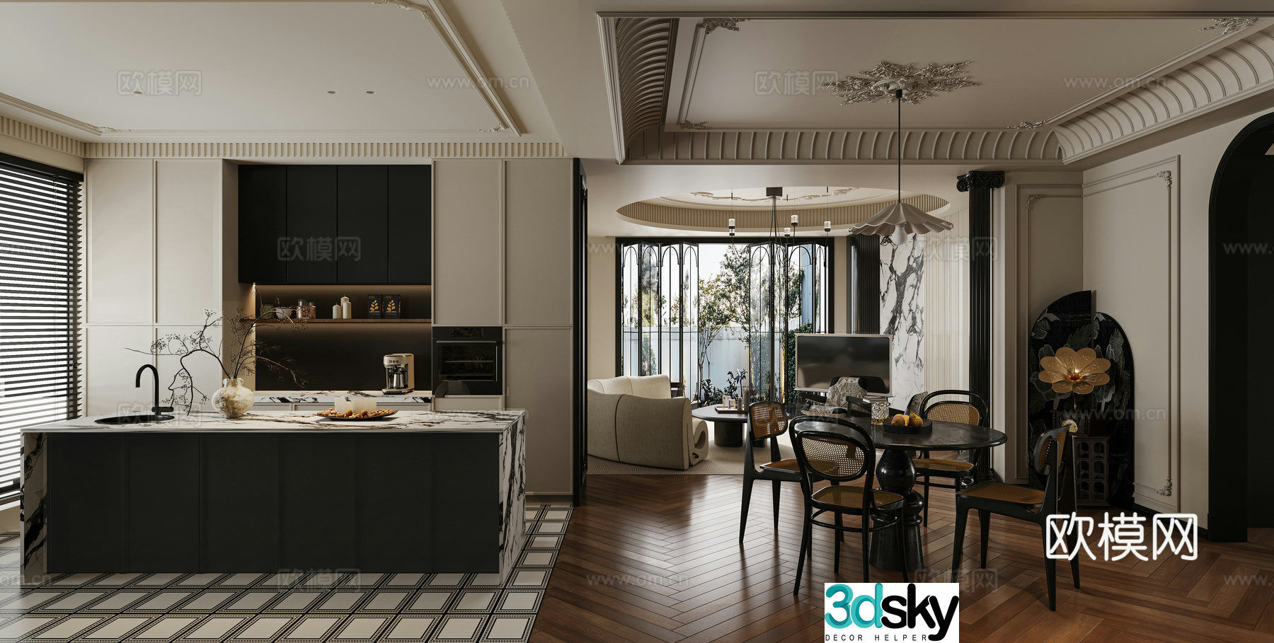 French living and dining room study 3D model