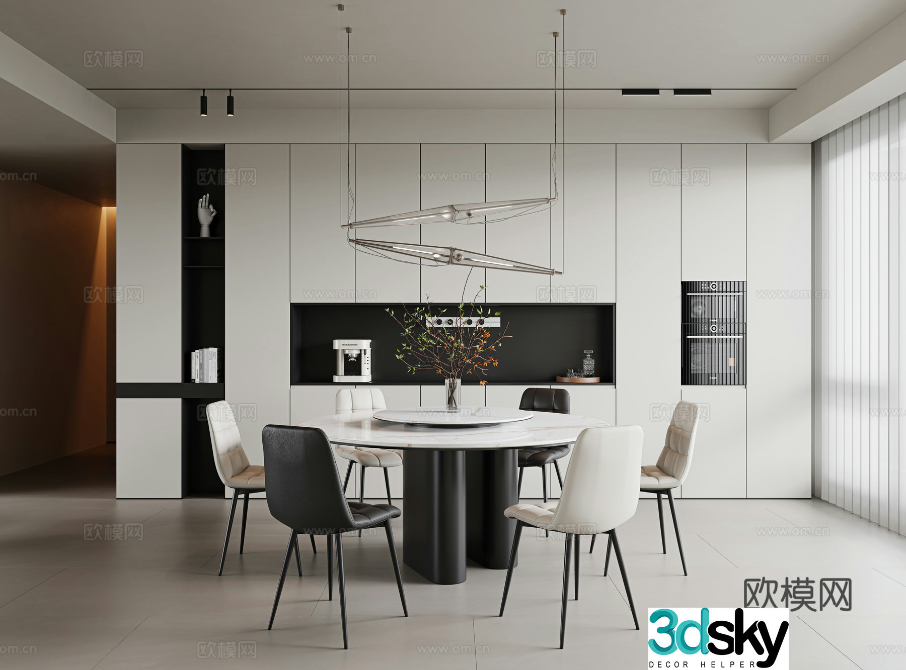 Modern minimalist restaurant restaurant without lights dining table and chair combination round dining table single chair leather dining 3d model