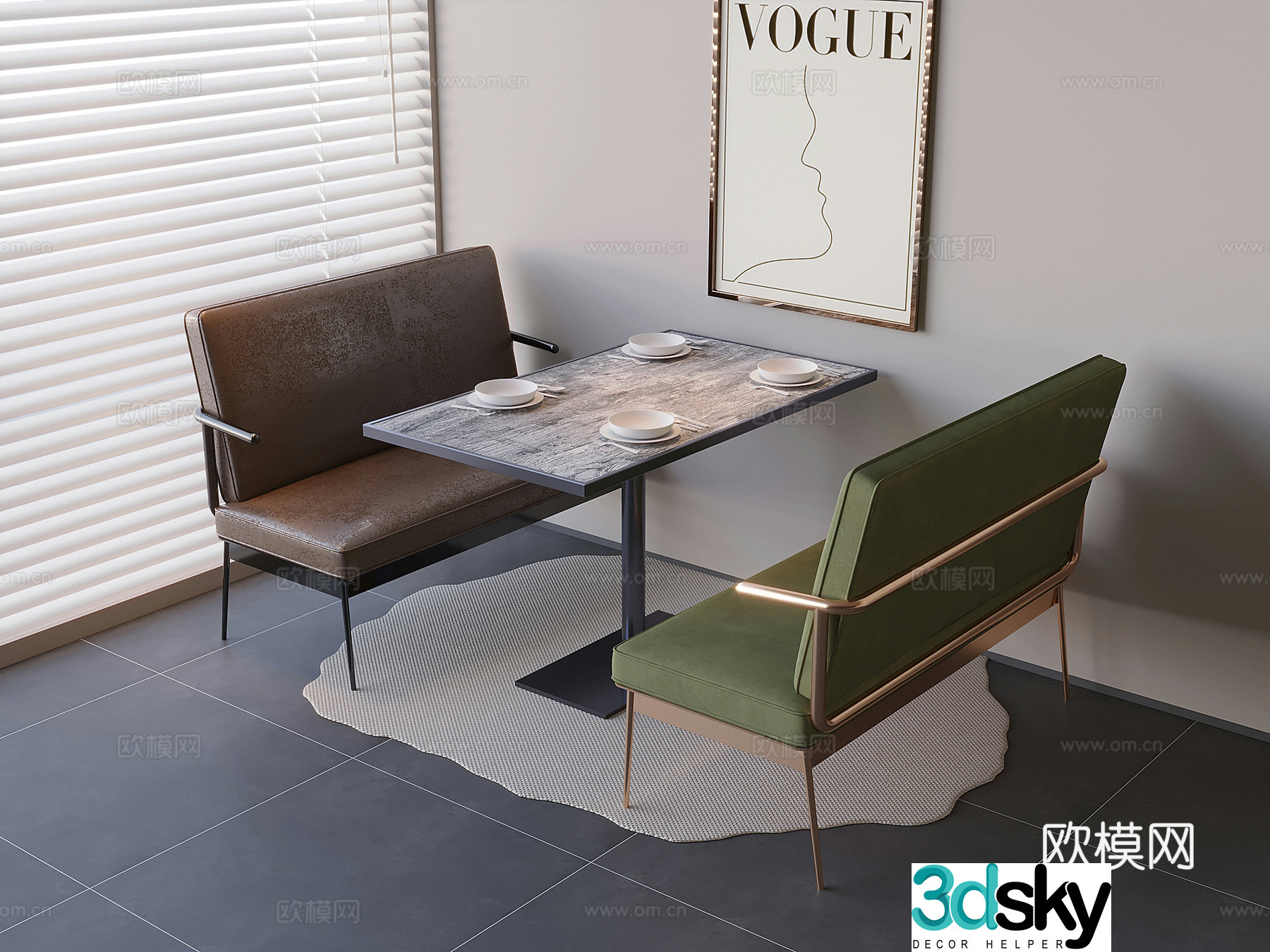 Restaurant booth soft bag sofa Cafe booth sofa Solid wood dining table 3D model