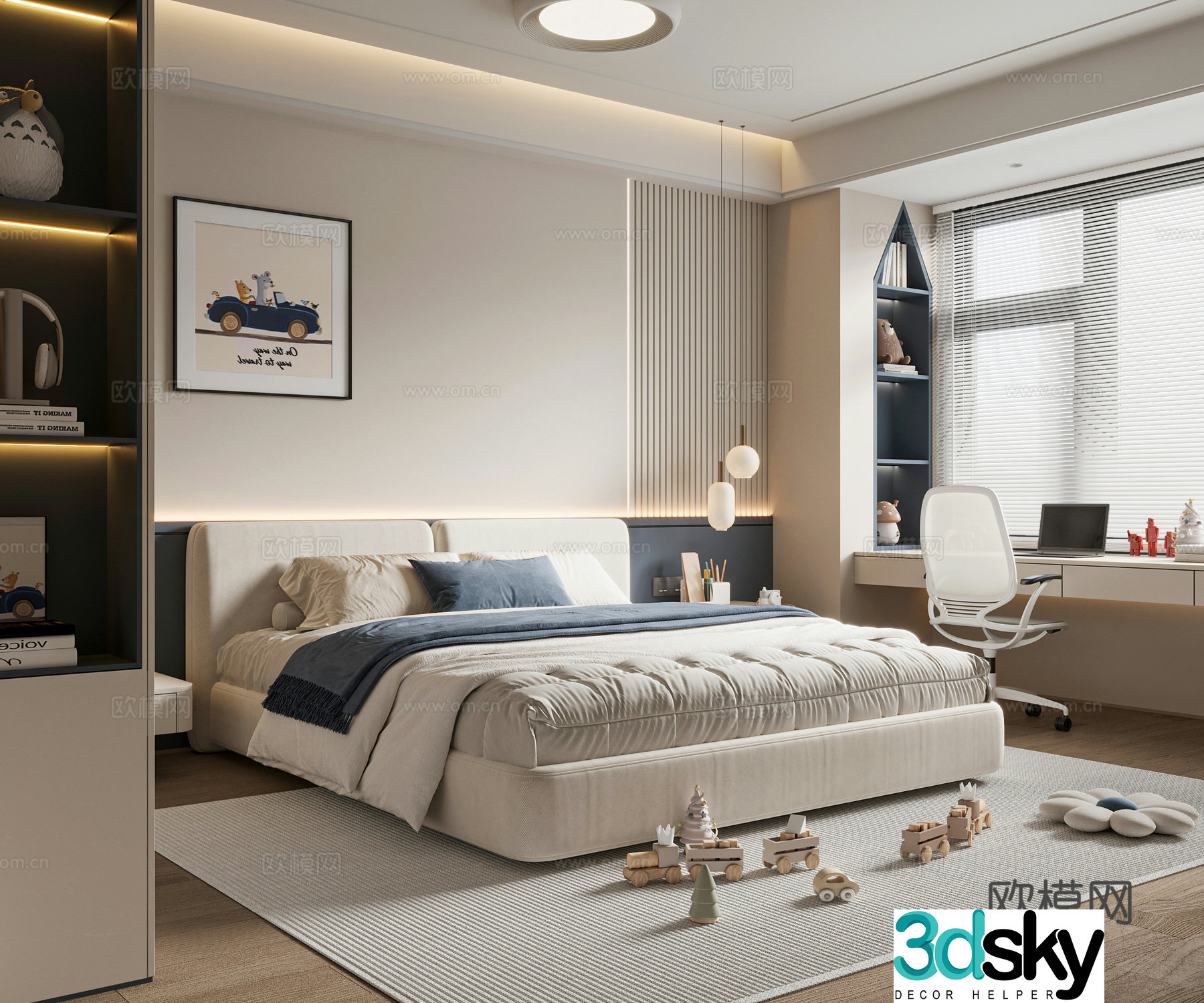 Now creamy children’s room boys room children’s double bed children’s wardrobe children’s desk and chair 3d model