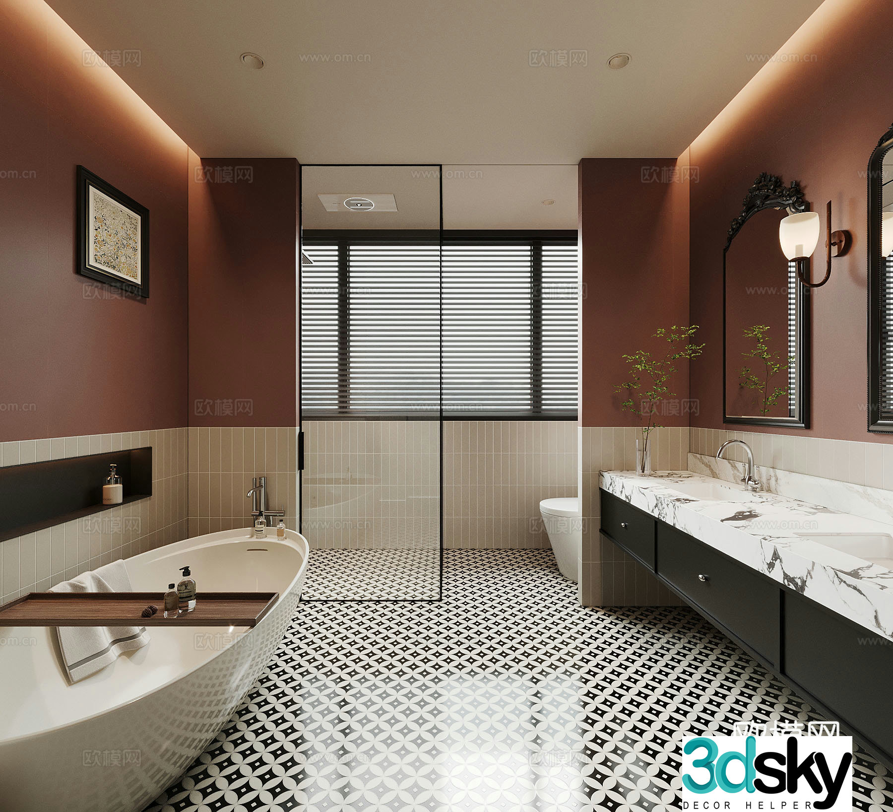 French retro style bathroom bathtub bathroom mirror 3d model